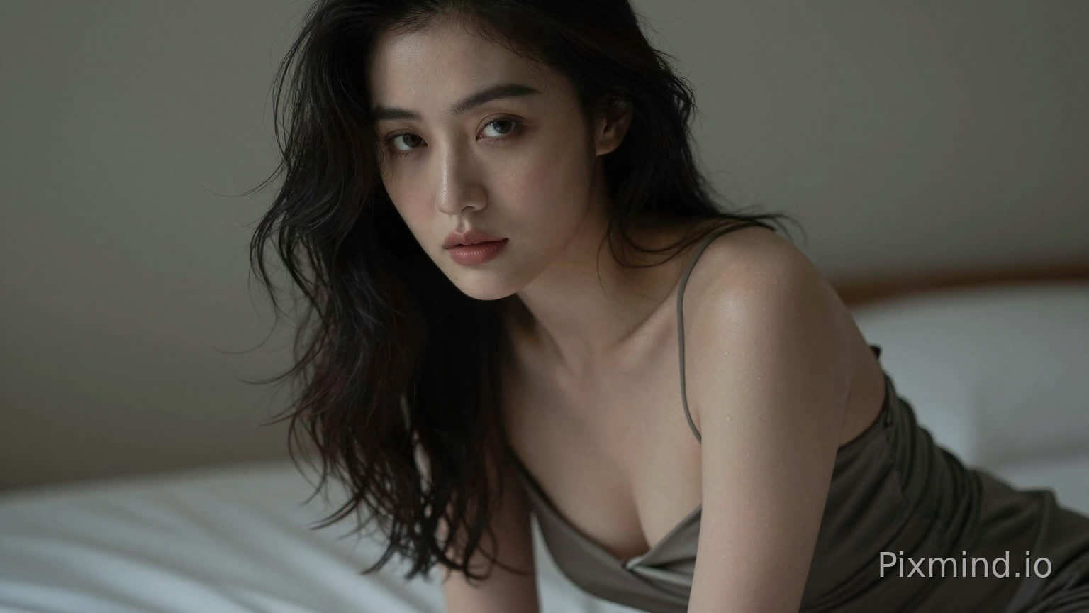 A sensual woman leaning slightly forward, deep neckline dress, subtle cleavage, inviting gaze, soft focus background, intimate framing, realistic skin highlights, moody lighting, editorial sensual photography