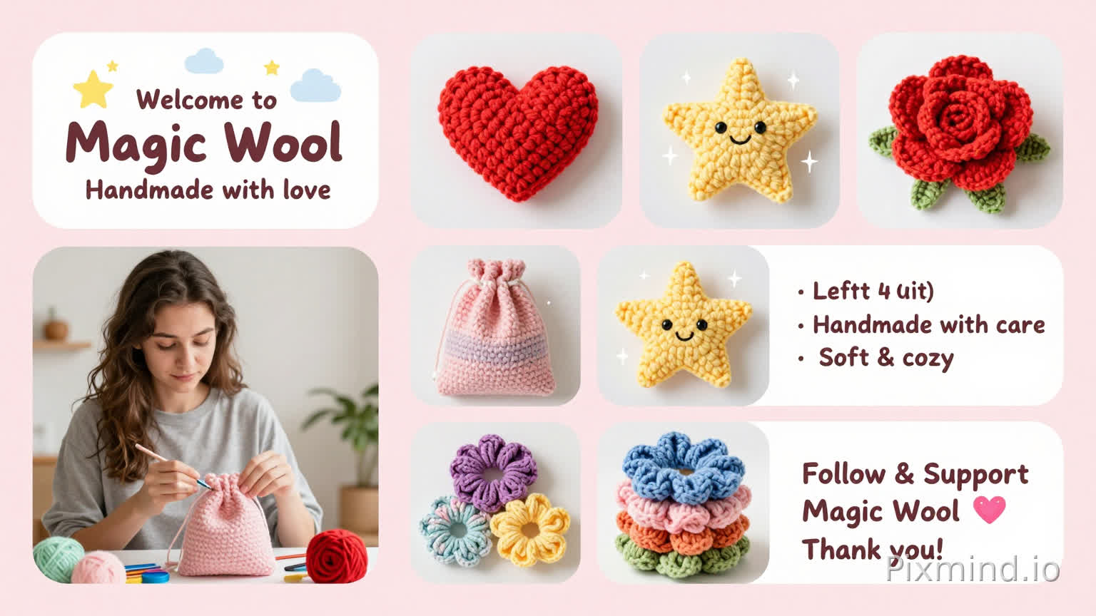 ---
## ๐ฌ **Magic Wool โ Video Script (Portfolio / Portage)**
### ๐ต Background Music:
Soft, cute, aesthetic (search: *โcute craft musicโ* or *โsoft handmade vibesโ*)
---
## ๐ฃ **Scene 1 โ Intro (3โ4 sec)**
**Text on screen:**
โจ *Welcome to Magic Wool* โจ
๐งถ Handmade with love
**Visual:**
* Your logo (with cloud + star like you made)
* Soft pastel background
---
## ๐ฃ **Scene 2 โ About You (4โ5 sec)**
**Text:**
Hi! I create adorable crochet items ๐
Each piece is handmade and unique!
**Visual:**
* Clip/photo of yarn, hooks, or you working (if you want)
---
## ๐ฃ **Scene 3 โ Hearts (3 sec)**
**Text:**
โค๏ธ Cute Crochet Hearts
**Visual:**
* Show your heart products (zoom in slowly)
---
## ๐ฃ **Scene 4 โ Stars (3 sec)**
**Text:**
โญ Soft Little Stars
**Visual:**
* Star items (add sparkle effect โจ if possible)
---
## ๐ฃ **Scene 5 โ Roses (3 sec)**
**Text:**
๐น Beautiful Crochet Roses
**Visual:**
* Close-up aesthetic shot
---
## ๐ฃ **Scene 6 โ Drawstring Bags (4 sec)**
**Text:**
๐ Handmade Drawstring Bags
**Visual:**
* Show different colors/styles
---
## ๐ฃ **Scene 7 โ Scrunchies (3 sec)**
**Text:**
๐ Cute Scrunchies
**Visual:**
* Stack or aesthetic arrangement
---
## ๐ฃ **Scene 8 โ Why Choose Magic Wool (4 sec)**
**Text:**
โ Handmade with care
โ Soft & cozy
โ Perfect gifts ๐
---
## ๐ฃ **Scene 9 โ Ending (4 sec)**
**Text:**
๐ซ Follow & Support Magic Wool ๐ซ
Thank you! ๐งถ๐
(Optional: add your Instagram or contact)
---
## โจ Extra Tips for Piximind:
* Use **fade transitions**
* Add **slow zoom (Ken Burns effect)** to photos
* Keep colors **pastel + soft**
* Add **sparkle overlays** โจ for aesthetic