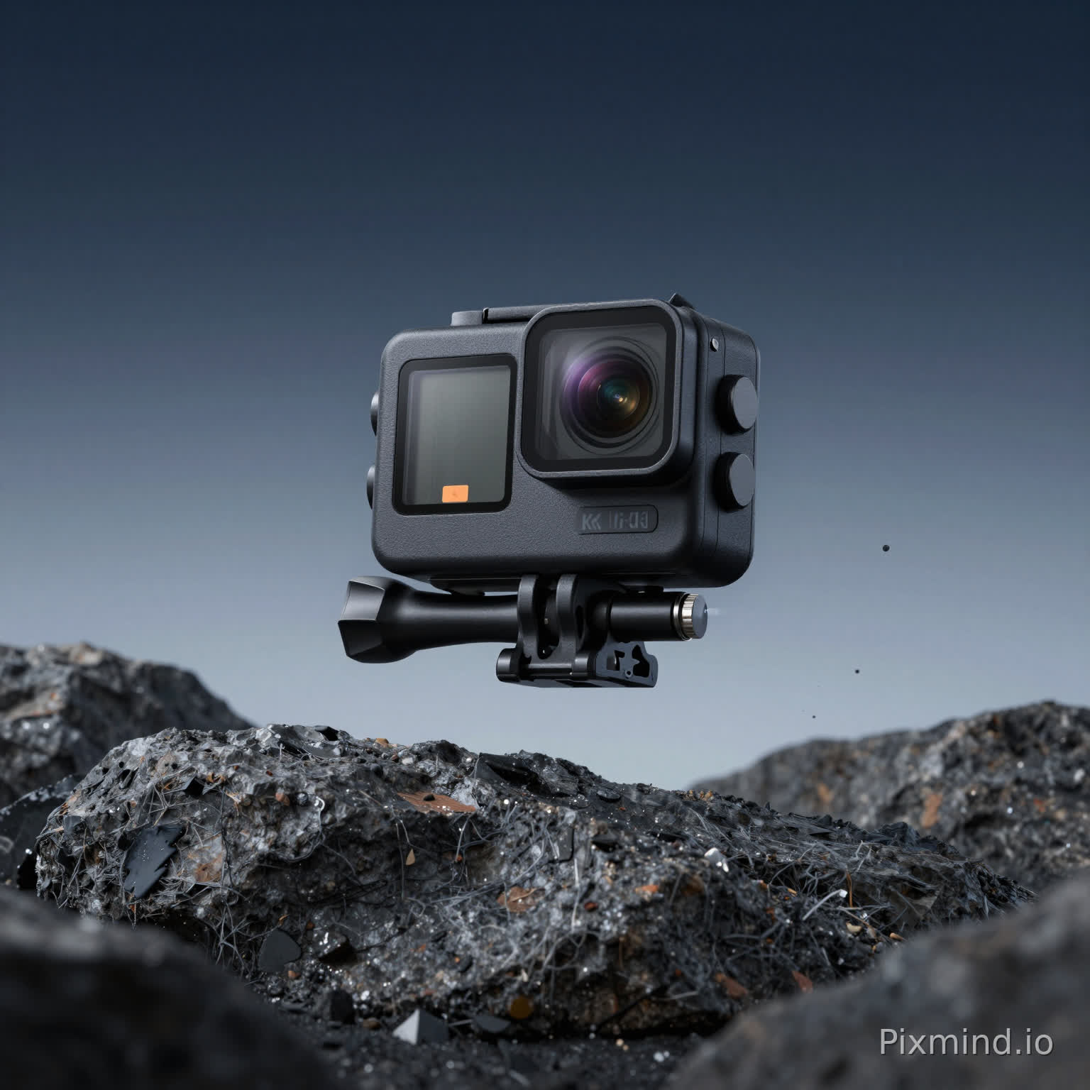 photorealistic commercial product photography, a black action camera quick release plate , floating slightly above a rough rocky terrain background, dynamic composition, cinematic gradient sky background (deep blue to gray), flying debris and rock fragments around, dramatic lighting, moody atmosphere, industrial and tough aesthetic, 8K ultra HD, sharp focus on the product, shallow depth of field, professional product shot, octane render
