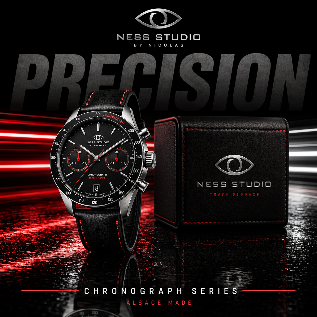 A dramatic luxury product advertising image for a motorsport-inspired chronograph wristwatch in a dark studio. Center-left foreground, show a single stainless steel chronograph watch standing upright at a slight three-quarter angle, with a black dial, two red-accent subdials, slim silver hour markers, a tachymeter bezel, and visible crown and pushers on the right side. The watch has a black leather strap with bold red stitching along both edges and a sporty premium finish. To the right of the watch, place one black square presentation box slightly behind it, textured like leather, with red stitching around the lid and a silver embossed eye-shaped logo above the text “NESS STUDIO” and smaller red text “TRACK SURFACE.” At the top center of the composition, add the same silver eye logo with the words “NESS STUDIO” and smaller “BY NICOLAS.” Across the background, place one oversized blurred word, {argument name="headline text" default="PRECISION"}, in large gray capital letters spanning nearly the full width. The scene is set against a deep black background with cinematic red and white horizontal light streaks crossing behind the products from left to right, suggesting speed and racetrack energy. Use a glossy wet ground plane with reflective texture, catching red highlights and mirrorlike reflections beneath the watch and box. At the bottom center, add the text “CHRONOGRAPH SERIES” in clean white spaced capitals with thin red horizontal lines extending on both sides, and below it smaller red capitals reading {argument name="tagline text" default="ALSACE MADE"}. Color palette: black, charcoal gray, silver steel, vivid racing red, and a touch of white. Lighting should be high-contrast and premium, with crisp specular highlights on the metal case, subtle soft fill on the box, and moody shadows. Overall style: ultra-polished commercial product photography, luxury watch campaign, sharp focus on the products, sleek branding, high-end automotive aesthetic.