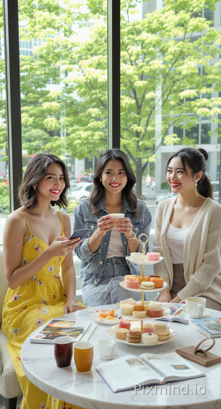 **主体(人物/物品/场景)**:
* **核心人物**:三位气质各异的都市年轻美女。写实风格,亚洲女性
* **A女(活力型)**:齐肩短发,身穿亮黄色碎花春季吊带裙,元气满满,手里拿着一部智能手机。
* **B女(慵懒型)**:大波浪长发,身穿浅蓝色高腰牛仔外套内搭纯白T恤,双手捧着一杯精致的拉花拿铁咖啡。
* **C女(优雅型)**:高马尾发型,身穿米白色针织薄开衫,佩戴精致的珍珠耳钉。
* **核心道具**:一张白色大理石圆桌,桌上摆放着精美的英式下午茶三层塔(马卡龙、小蛋糕)、几本翻开的旅游地理杂志、旅行手账本。
* **环境背景**:背后是大面积的落地玻璃窗,窗外隐约可见春意盎然的翠绿树木。