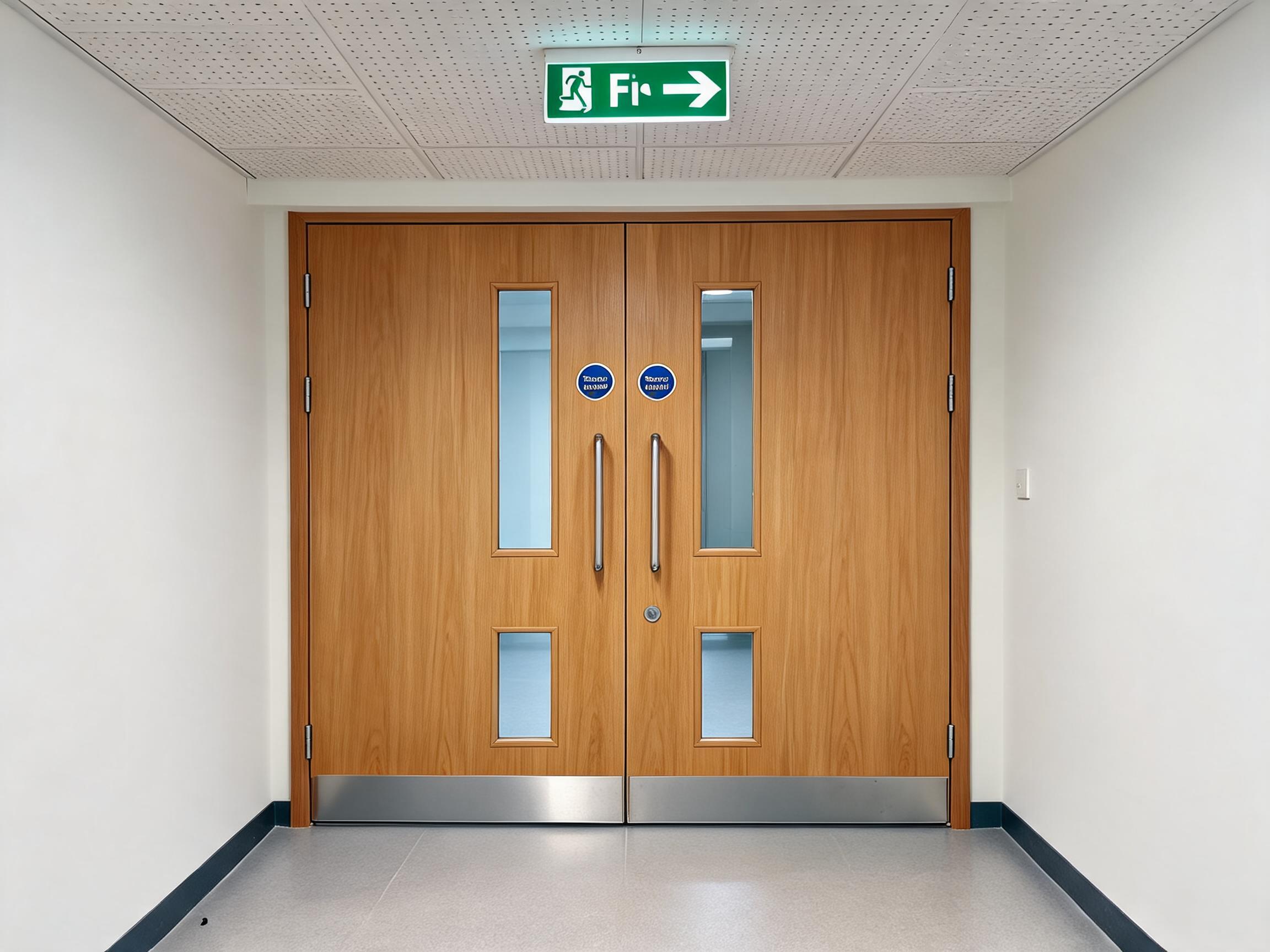 The reference images are all fire doors. create an image of a fire door in a corridor. use the same perspective as in image006. make sure that the doors are fully in the picture, so that we can see the floor and the ceiling. make sure that the doors are correctly proportioned