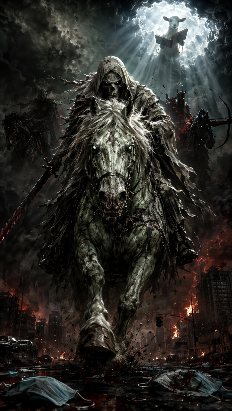 Cinematic vertical thumbnail for YouTube and TikTok, ultra-dramatic and emotionally charged, 9:16 aspect ratio. A terrifying Pale Horseman of Death on a gaunt pale-green horse charges straight at the viewer from a torn apocalyptic sky, low dramatic angle, horse's eyes and rider's hollow gaze looking directly into camera with terrifying intensity. Hooves almost breaking out of the frame. Behind him in dark smoke — faint silhouettes of the other three horsemen. Below, subtle modern city in chaos: burning buildings, empty streets, scattered medical masks on the ground, all in deep shadows. In the upper corner, a faint cold divine light breaks through the clouds revealing the silhouette of the Lamb holding an open book with broken seals. Extreme contrast between pitch-black foreground and icy heavenly glow. Moody cinematic lighting, volumetric god rays, heavy atmosphere of inevitable judgment. Dark color palette with blood-red and corpse-green accents. Powerful composition, strong focal point, ultra detailed, premium visual storytelling, high contrast, emotionally striking, thumbnail-optimized, no text, no generic AI look, masterpiece quality.