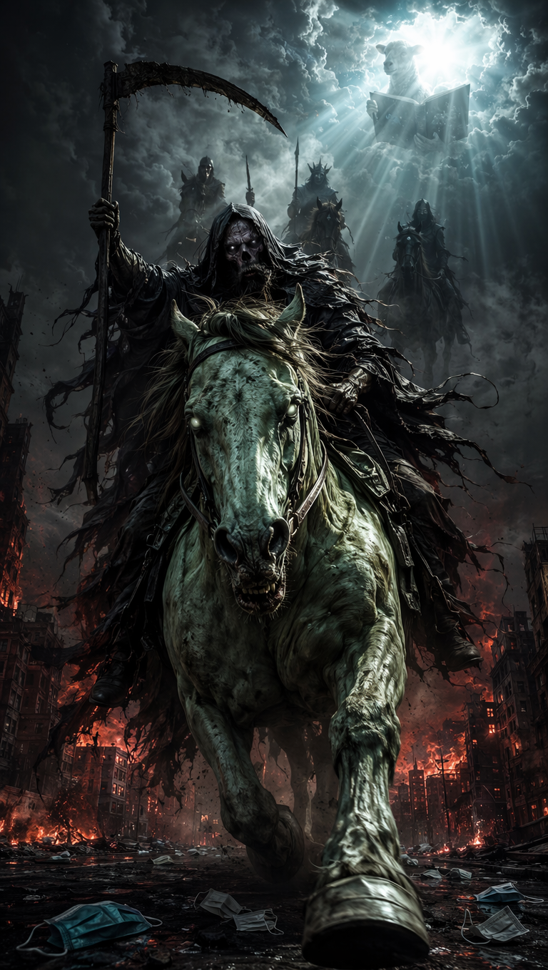 Cinematic vertical thumbnail for YouTube and TikTok, ultra-dramatic and emotionally charged, 9:16 aspect ratio. A terrifying Pale Horseman of Death on a gaunt pale-green horse charges straight at the viewer from a torn apocalyptic sky, low dramatic angle, horse's eyes and rider's hollow gaze looking directly into camera with terrifying intensity. Hooves almost breaking out of the frame. Behind him in dark smoke — faint silhouettes of the other three horsemen. Below, subtle modern city in chaos: burning buildings, empty streets, scattered medical masks on the ground, all in deep shadows. In the upper corner, a faint cold divine light breaks through the clouds revealing the silhouette of the Lamb holding an open book with broken seals. Extreme contrast between pitch-black foreground and icy heavenly glow. Moody cinematic lighting, volumetric god rays, heavy atmosphere of inevitable judgment. Dark color palette with blood-red and corpse-green accents. Powerful composition, strong focal point, ultra detailed, premium visual storytelling, high contrast, emotionally striking, thumbnail-optimized, no text, no generic AI look, masterpiece quality.