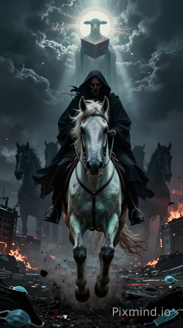 Cinematic vertical thumbnail for YouTube and TikTok, ultra-dramatic and emotionally charged, 9:16 aspect ratio. A terrifying Pale Horseman of Death on a gaunt pale-green horse charges straight at the viewer from a torn apocalyptic sky, low dramatic angle, horse's eyes and rider's hollow gaze looking directly into camera with terrifying intensity. Hooves almost breaking out of the frame. Behind him in dark smoke — faint silhouettes of the other three horsemen. Below, subtle modern city in chaos: burning buildings, empty streets, scattered medical masks on the ground, all in deep shadows. In the upper corner, a faint cold divine light breaks through the clouds revealing the silhouette of the Lamb holding an open book with broken seals. Extreme contrast between pitch-black foreground and icy heavenly glow. Moody cinematic lighting, volumetric god rays, heavy atmosphere of inevitable judgment. Dark color palette with blood-red and corpse-green accents. Powerful composition, strong focal point, ultra detailed, premium visual storytelling, high contrast, emotionally striking, thumbnail-optimized, no text, no generic AI look, masterpiece quality.