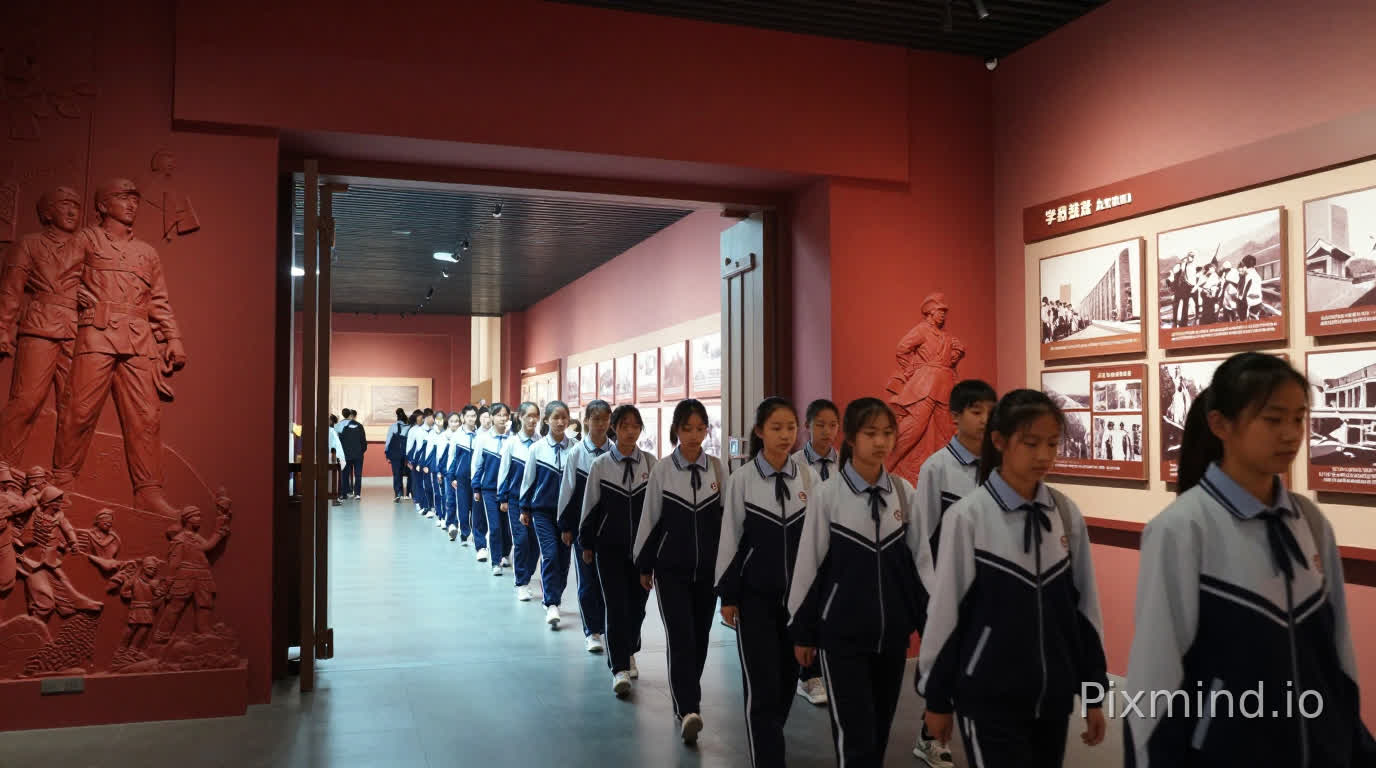 镜头1:0–4秒
红色纪念馆大门全景,整齐学生队伍有序入场,建筑庄严肃穆,暖冷柔和顶光,缓慢推进全景,纵深构图;学生穿统一校服,站姿端正,神情庄重安静,缓步前行,墙面红色历史浮雕,画面庄重肃穆,电影级质感,高清写实,运镜平稳。
镜头2:4–9秒
纪念馆展厅长廊,长征历史图文展板与泛黄旧照片陈列,跟拍移动平视镜头;学生并肩行走,低头凝视展板,眼神好奇懵懂,画面干净柔和,历史氛围浓厚,细节清晰,光影自然,流畅转场,整体色调庄重温暖。