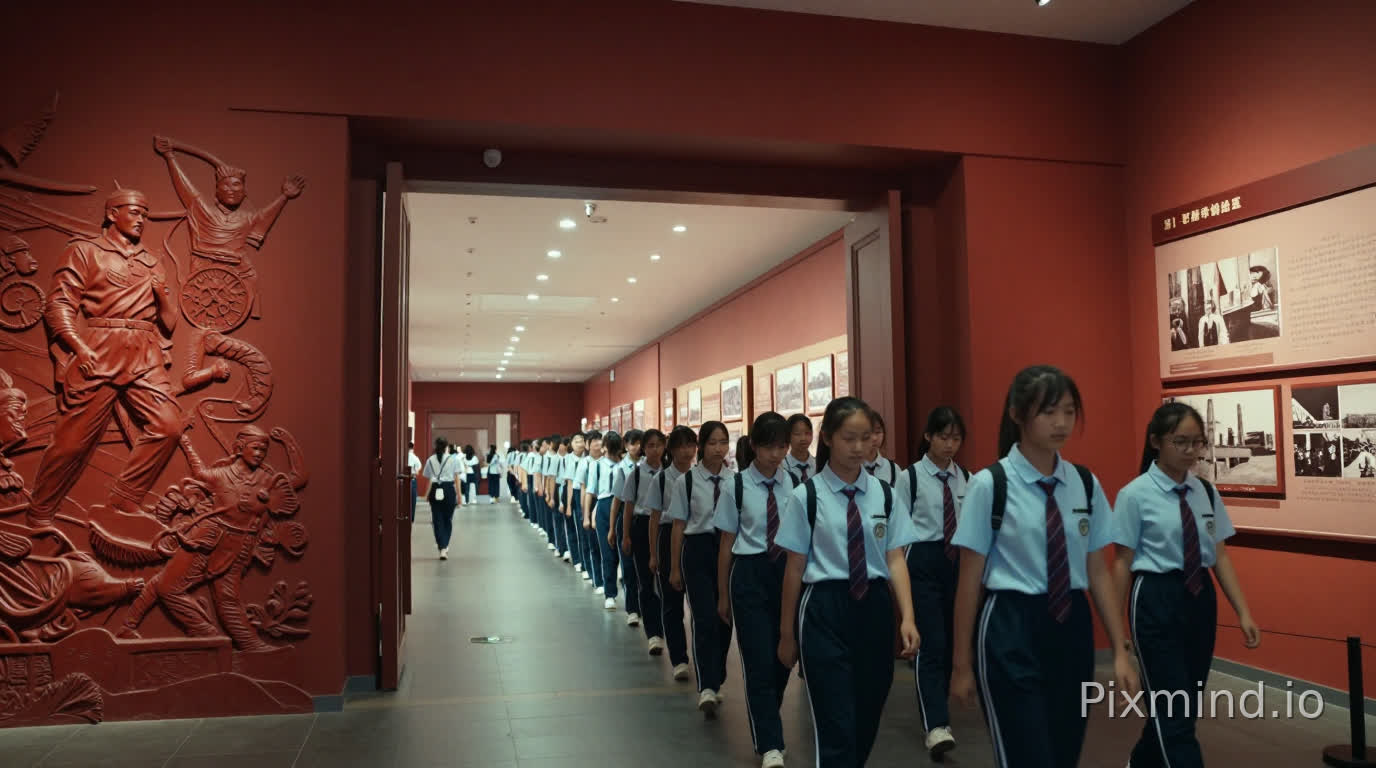 镜头1:0–4秒
红色纪念馆大门全景,整齐学生队伍有序入场,建筑庄严肃穆,暖冷柔和顶光,缓慢推进全景,纵深构图;学生穿统一校服,站姿端正,神情庄重安静,缓步前行,墙面红色历史浮雕,画面庄重肃穆,电影级质感,高清写实,运镜平稳。
镜头2:4–9秒
纪念馆展厅长廊,长征历史图文展板与泛黄旧照片陈列,跟拍移动平视镜头;学生并肩行走,低头凝视展板,眼神好奇懵懂,画面干净柔和,历史氛围浓厚,细节清晰,光影自然,流畅转场,整体色调庄重温暖。