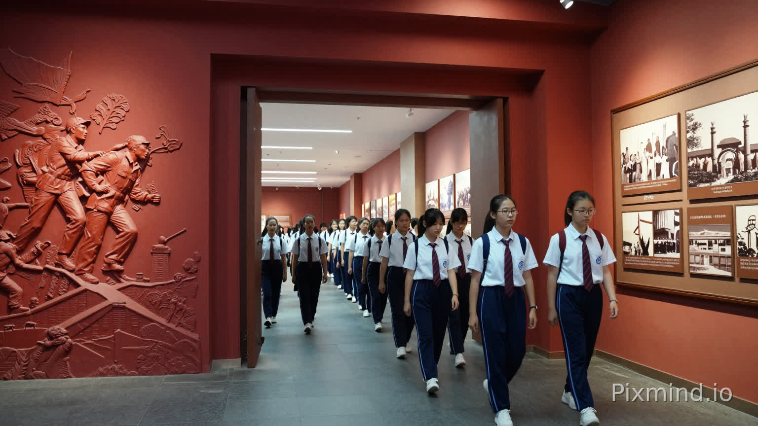 镜头1:0–4秒
红色纪念馆大门全景,整齐学生队伍有序入场,建筑庄严肃穆,暖冷柔和顶光,缓慢推进全景,纵深构图;学生穿统一校服,站姿端正,神情庄重安静,缓步前行,墙面红色历史浮雕,画面庄重肃穆,电影级质感,高清写实,运镜平稳。
镜头2:4–9秒
纪念馆展厅长廊,长征历史图文展板与泛黄旧照片陈列,跟拍移动平视镜头;学生并肩行走,低头凝视展板,眼神好奇懵懂,画面干净柔和,历史氛围浓厚,细节清晰,光影自然,流畅转场,整体色调庄重温暖。