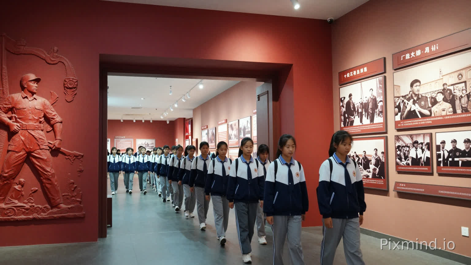 镜头1:0–4秒
红色纪念馆大门全景,整齐学生队伍有序入场,建筑庄严肃穆,暖冷柔和顶光,缓慢推进全景,纵深构图;学生穿统一校服,站姿端正,神情庄重安静,缓步前行,墙面红色历史浮雕,画面庄重肃穆,电影级质感,高清写实,运镜平稳。
镜头2:4–9秒
纪念馆展厅长廊,长征历史图文展板与泛黄旧照片陈列,跟拍移动平视镜头;学生并肩行走,低头凝视展板,眼神好奇懵懂,画面干净柔和,历史氛围浓厚,细节清晰,光影自然,流畅转场,整体色调庄重温暖。