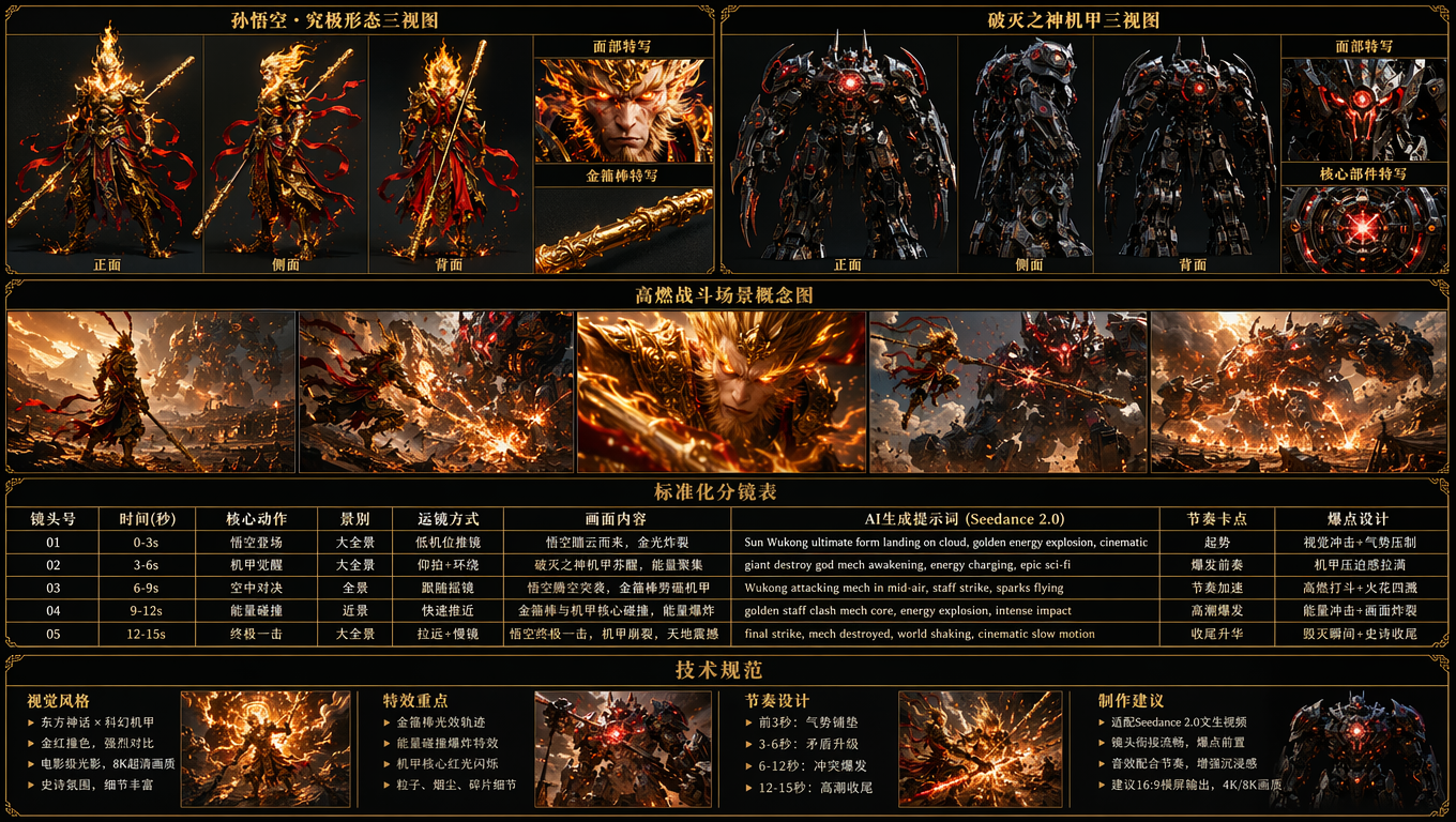 爆款15秒国潮超英高燃战斗分镜全案模板,主题为孙悟空究极形态对战巨型破灭之神机甲,东方神话+科幻机甲强冲突风格,完整排版分为4大模块:顶部双三含角色正面/侧面/背面三视图+面部/核心部件特写致无崩坏)中上部5张橫版高燃战斗场景概念图准化分镜表格(含时间核景别、运镜、A生成提示词卡点精准,爆点前置)底部技术规范栏(视觉风格特效重点、节奏设计)黑4K超清,无文字错乱金红撞色,电影级特效质感,一虫メレプ京,无画面崩坏,专业短视频制作排版,适配Seedance2.0文生视频,超细节,8k,cinematic lighting,16:9
翻译中