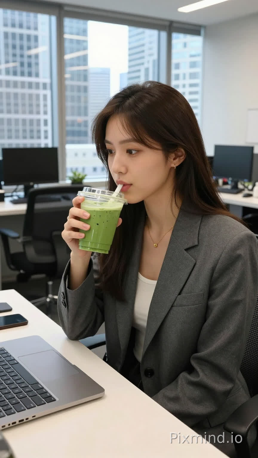 A female in her mid 20s enjoying a matcha latte drink at work. Realistic office surrounding. Realistic picture. Tech office i Toronto with a view of the financial center