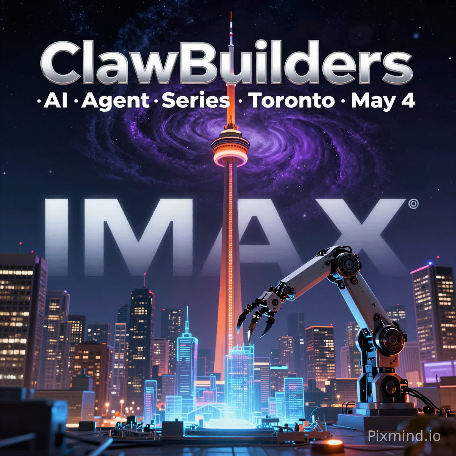 Generate a hyper-realistic, cinematic sci-fi event poster for 'ClawBuilders Toronto'. The background should be a futuristic, cyberpunk version of the Toronto skyline at night, with a glowing neon-orange CN Tower prominently featured under a dark void of space with a swirling purple nebula. In the foreground, include a sleek, high-tech robot 'claw' arm building a holographic city. Typography should be bold, metallic, and say 'ClawBuilders · AI Agent Series · Toronto · May 4'. IMAX widescreen format, 8k resolution, volumetric lighting.