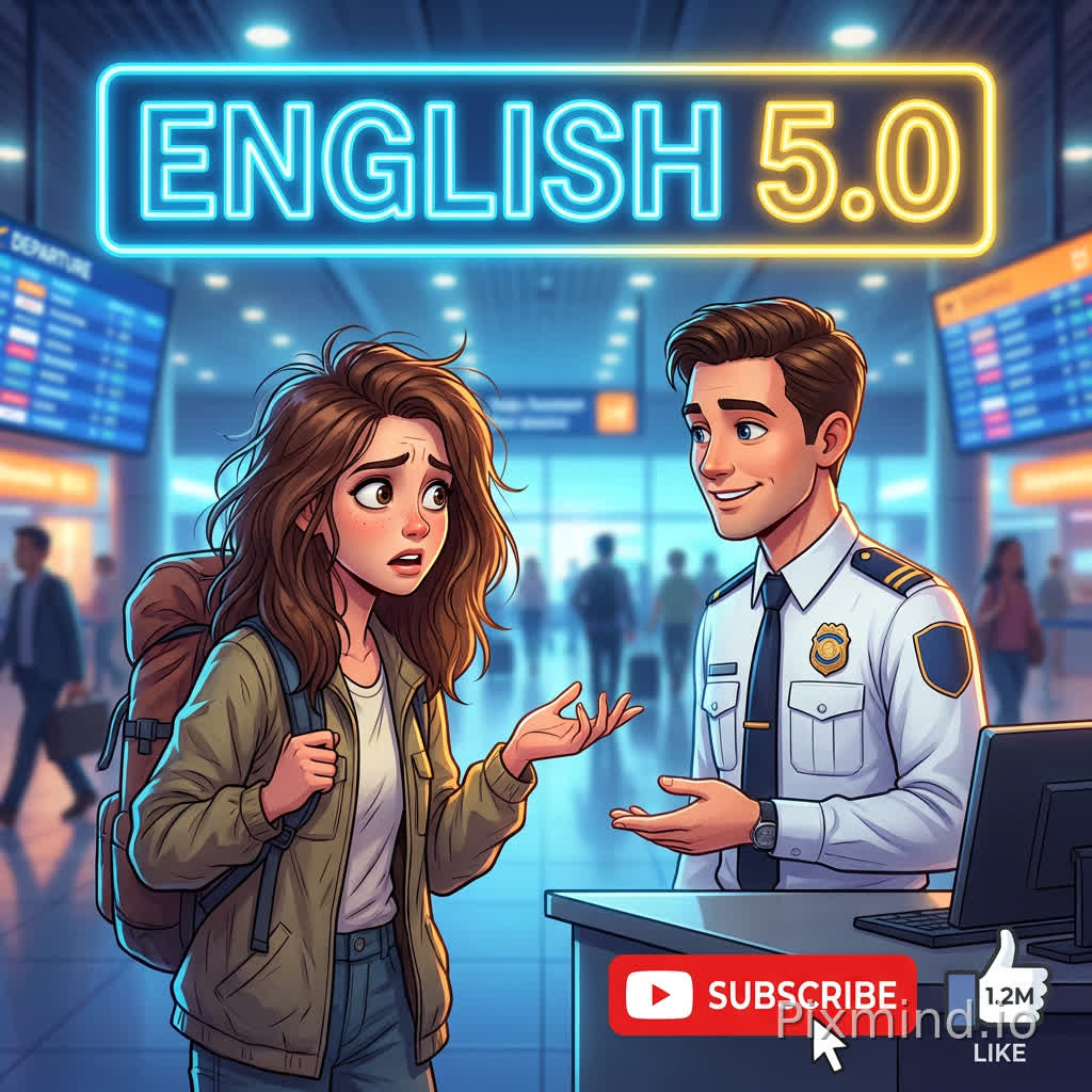 A high-quality YouTube thumbnail illustration of a nervous young woman at an airport speaking to an airport officer. The woman looks confused and slightly stressed, the officer looks calm and helpful. They are facing each other.
Background: modern airport terminal, slightly blurred with lights and signs.
Add a glowing neon sign in the background that says "ENGLISH 5.0".
Add strong emotional expressions: the woman looks worried, the officer is smiling.
Add YouTube elements: red "SUBSCRIBE" button and "LIKE" icon.
Style: modern 2D cartoon, semi-realistic, vibrant colors, soft lighting, cinematic, clean composition, high contrast, professional YouTube thumbnail style.
16:9 aspect ratio, ultra sharp, eye-catching.
