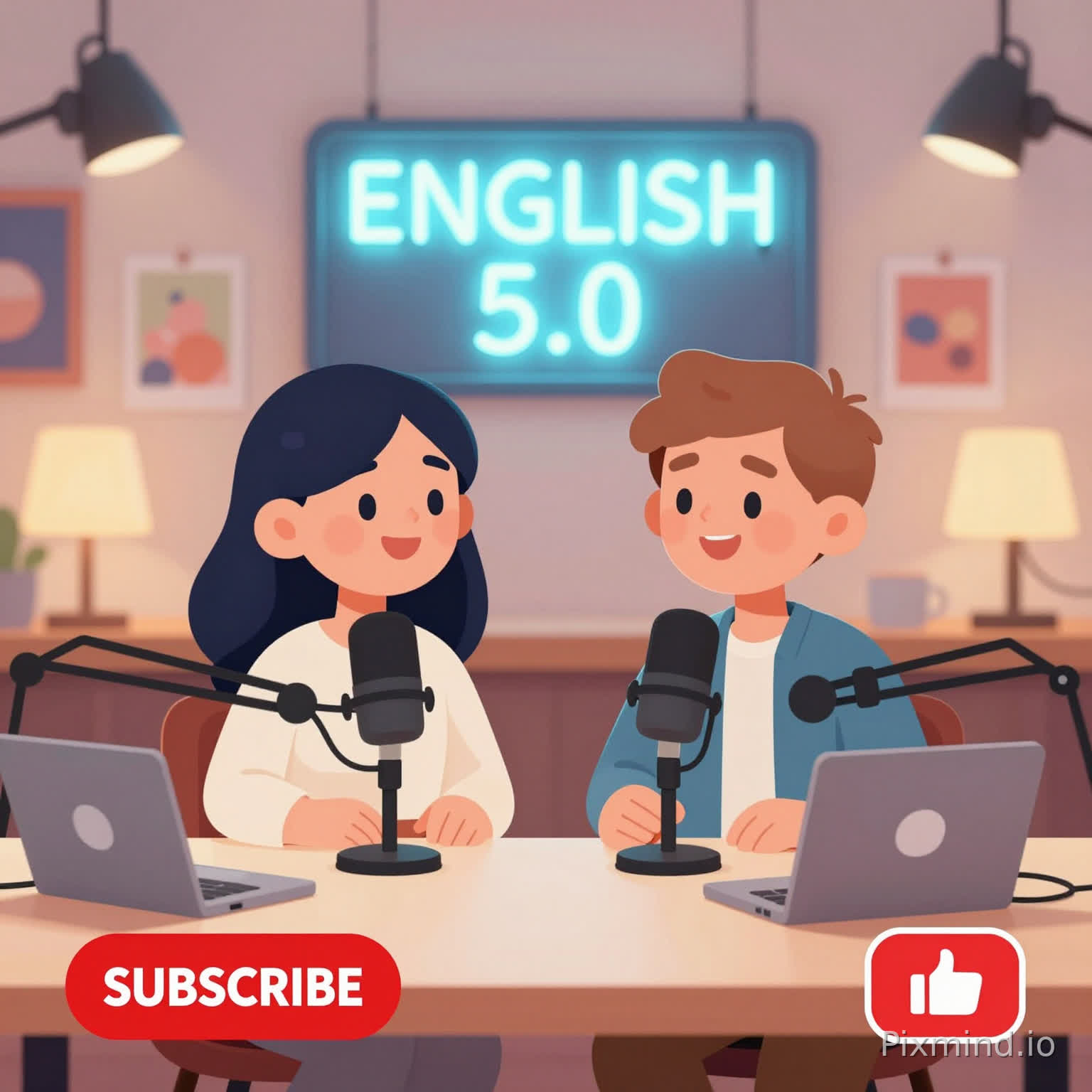 A modern podcast studio scene in a clean cartoon style, with two animated characters (one female, one male) sitting at a table and talking into microphones.
The characters are fully illustrated cartoons (not realistic, not human faces), with smooth simple shapes, soft skin tones, and friendly expressions.
The female character has long dark hair and is smiling, the male character has light brown hair and is smiling.
Both are wearing casual clothes.
Background: cozy studio with warm lighting, lamps, posters on the wall, and a glowing neon sign that says "ENGLISH 5.0".
Add podcast elements: microphones, headphones, coffee mugs, and a laptop on the table.
Add YouTube style elements: red "SUBSCRIBE" button on the left and red "LIKE" icon on the right.
Style: 2D cartoon illustration, flat design, Pixar-style but simple, NOT realistic, NOT 3D, smooth lines, vibrant colors, clean and modern, soft shadows, cinematic lighting.
Composition: centered characters, medium shot, perfect for YouTube thumbnail.
16:9 aspect ratio, high quality, sharp, eye-catching.