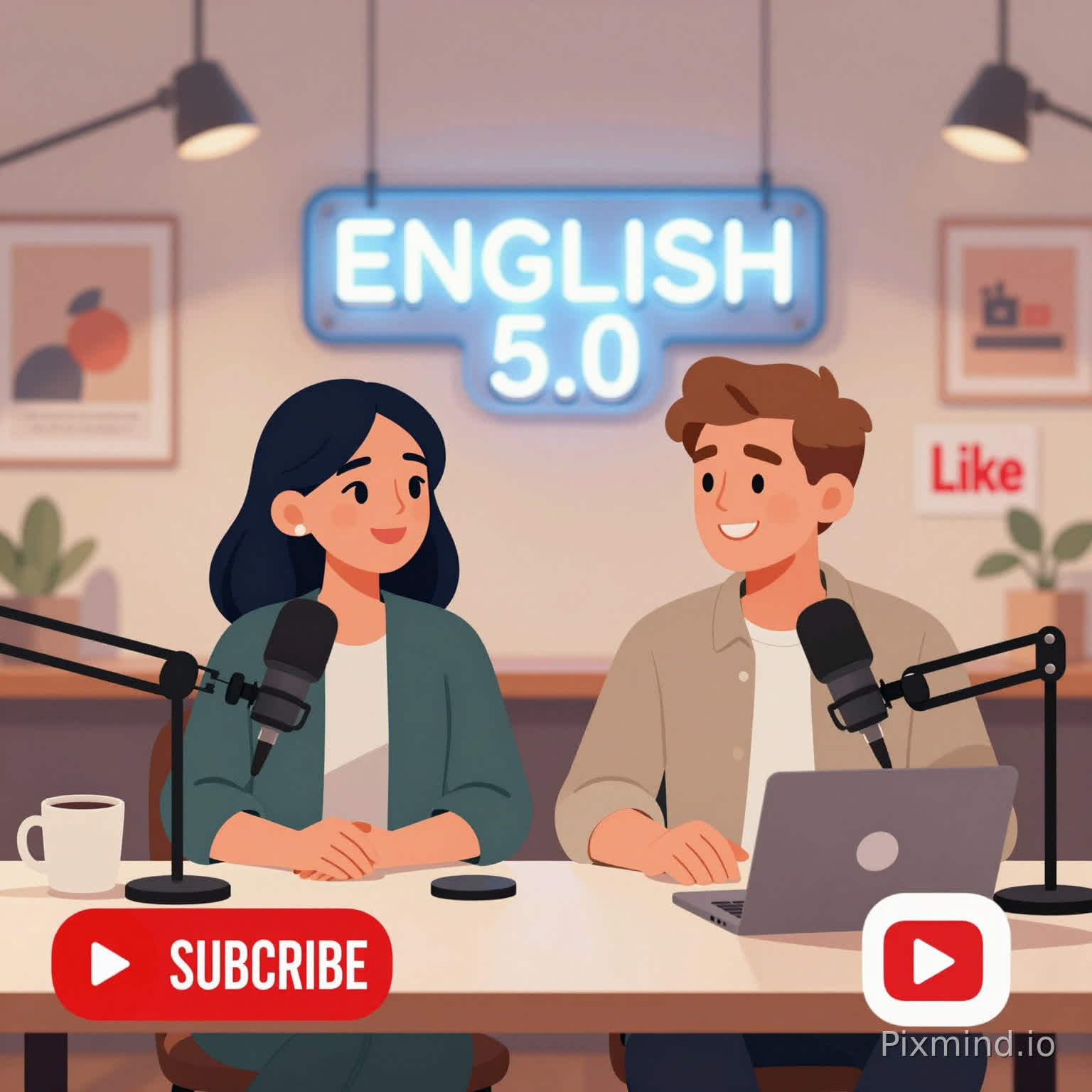 A modern podcast studio scene in a clean 2D cartoon style, with two adult characters (one woman and one man) sitting at a table and talking into microphones.
The characters are clearly adults (around 25–35 years old), with mature facial features, NOT kids, NOT teenagers.
The woman has long dark hair, elegant casual style, and a friendly confident smile.
The man has light brown hair, casual shirt, and a relaxed friendly expression.
Both are sitting like podcast hosts, speaking naturally.
Background: cozy studio with warm lighting, soft shadows, posters on the wall, and a glowing neon sign that says "ENGLISH 5.0".
On the table: microphones, headphones, coffee mugs, and a laptop.
Add YouTube-style elements: red "SUBSCRIBE" button on the left and red "LIKE" icon on the right.
Style: flat 2D cartoon illustration, vector style, clean lines, smooth shapes, vibrant colors, modern YouTube thumbnail style, NOT realistic, NOT 3D, NOT photorealistic.
Composition: medium shot, centered characters, eye-catching, professional thumbnail.
16:9 aspect ratio, high quality, sharp.