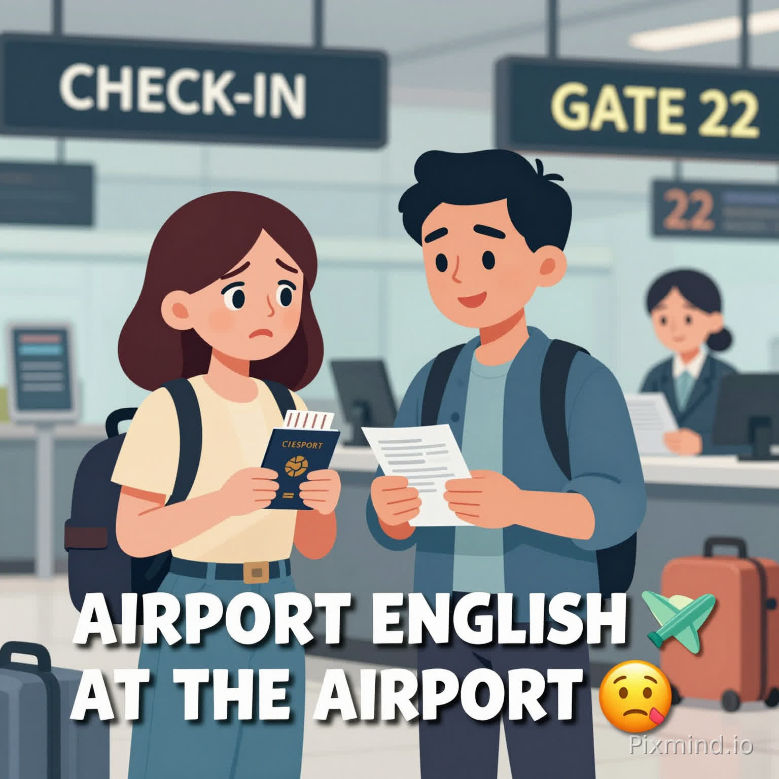 โ๏ธ ๐ฏ Thumbnail Prompt (Airport English Video)
A high-quality YouTube thumbnail illustration in clean 2D cartoon style showing an airport scene.
Two adult characters (one man and one woman, 25โ35 years old), clearly travelers, standing at an airport check-in counter.
The woman looks a bit nervous and confused, holding a passport.
The man looks calm and helpful, smiling and speaking to her.
A friendly airport staff member behind the counter is checking documents.
Strong facial expressions, exaggerated emotions for clickability.
Background: modern airport terminal with signs like โCHECK-INโ, โGATE 22โ, and flight information boards.
Objects: passport, boarding pass, suitcase, luggage scale, travel bags.
Add visual emphasis: glowing arrows pointing to โGATE 22โ sign.
Style: flat 2D cartoon, clean vector style, vibrant colors, soft cinematic lighting, high contrast, YouTube thumbnail optimized.
Composition: close-up faces, centered characters, eye-catching, high emotional tension (nervous vs calm).
Include bold text on thumbnail:
โAIRPORT ENGLISH โ๏ธโ
or
โAT THE AIRPORT ๐จโ๏ธโ
16:9 ratio, ultra sharp, professional YouTube thumbnail style.