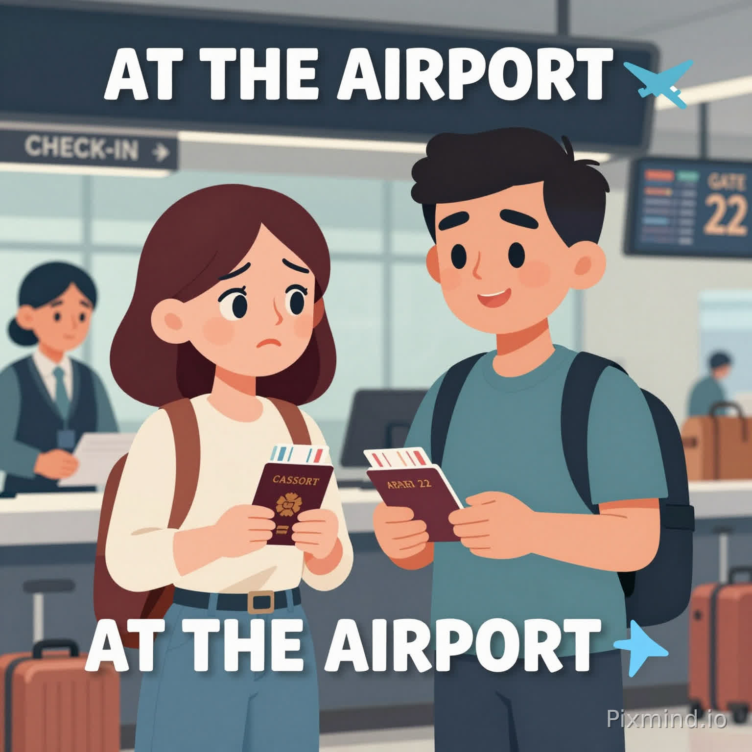 A high-quality YouTube thumbnail illustration in clean 2D cartoon style showing an airport check-in scene.
Two adult characters (one man and one woman, 25–35 years old), clearly travelers, standing at an airport check-in counter.
The woman looks slightly nervous and confused, holding a passport and boarding pass.
The man looks calm, friendly, and helpful, smiling.
An airport staff member is behind the counter checking documents.
Strong facial expressions, exaggerated emotions for high click-through rate.
Background: modern airport terminal with clear signs like “CHECK-IN” and “GATE 22”, flight information boards, and travel atmosphere.
Objects: passport, boarding pass, suitcase, luggage scale, travel bags.
Add visual emphasis with arrows pointing to “GATE 22”.
Style: flat 2D cartoon, clean vector illustration, vibrant colors, soft cinematic lighting, high contrast, professional YouTube thumbnail style.
Composition: close-up faces, centered characters, eye-catching, emotional contrast (nervous vs calm), optimized for virality.
Add bold readable text in English (must be correctly spelled, no typos):
“AT THE AIRPORT ✈️”
16:9 ratio, ultra sharp, modern YouTube thumbnail design.