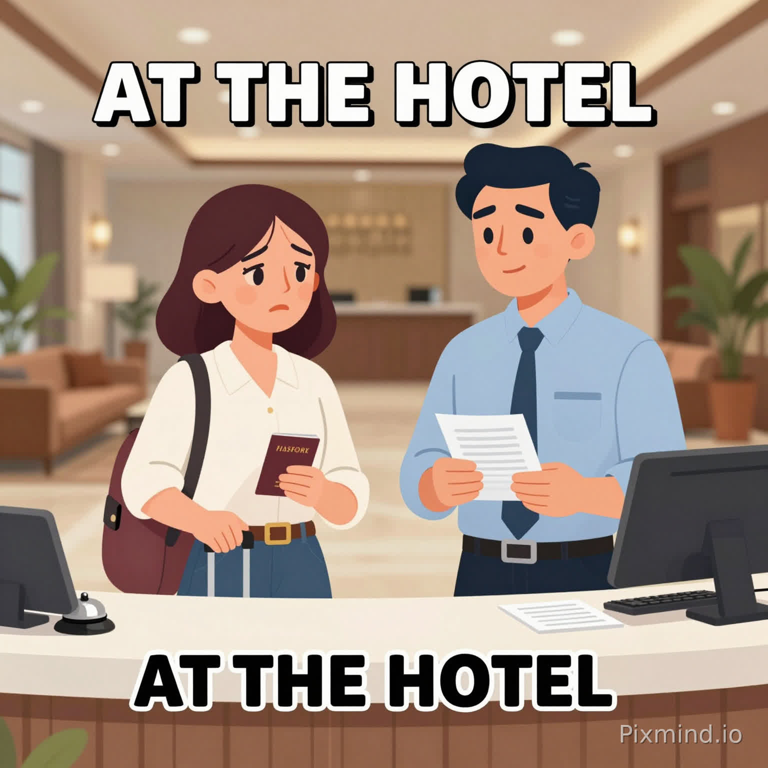 A high-quality YouTube thumbnail illustration in clean 2D cartoon style showing a hotel reception scene.
Two adult travelers (man and woman, 25–35 years old) standing at a hotel reception desk.
The woman looks a bit tired and confused, holding luggage and passport.
The man looks calm and speaking to the receptionist.
A friendly receptionist is behind the counter checking booking details.
Strong facial expressions, travel emotion, realistic adult proportions in cartoon style.
Background: modern hotel lobby with lights, sofas, plants, and luxury interior design.
Objects: suitcase, passport, key card, reception bell, booking computer.
Style: flat 2D cartoon, clean vector illustration, vibrant colors, soft cinematic lighting, high contrast.
Composition: close-up faces, centered, eye-catching, professional YouTube thumbnail.
Add bold readable text with correct spelling:
“AT THE HOTEL 🏨”
16:9 ratio, ultra sharp, viral style.