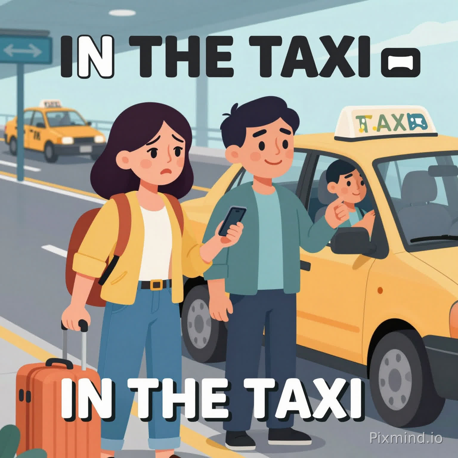 A high-quality YouTube thumbnail illustration in clean 2D cartoon style showing a taxi scene.
Two adult travelers (man and woman, 25–35 years old) standing outside an airport or city street near a taxi.
The woman looks confused and asking for directions.
The man looks calm, speaking to the taxi driver.
A taxi driver is inside the car smiling and pointing.
Strong facial expressions, clear travel situation, high emotion.
Background: city street or airport exit with taxis, signs, and motion feeling.
Objects: suitcase, taxi car, phone with map, luggage.
Style: flat 2D cartoon, clean vector style, vibrant colors, cinematic lighting, high contrast.
Composition: close-up faces, dynamic angle, eye-catching, high CTR design.
Add bold readable text with correct spelling:
“IN THE TAXI 🚖”
16:9 ratio, ultra sharp, YouTube optimized.