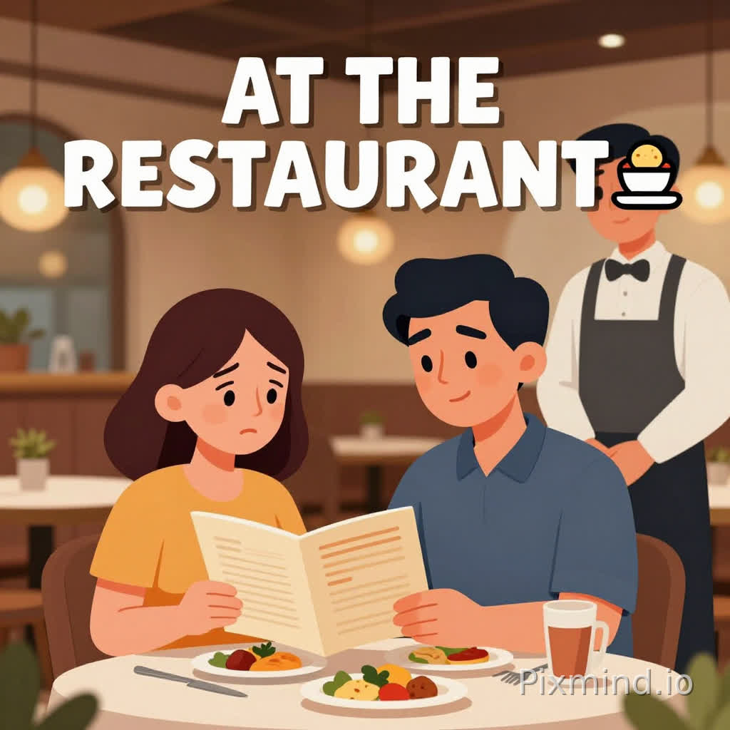 A high-quality YouTube thumbnail illustration in clean 2D cartoon style showing a restaurant scene.
Two adult characters (one man and one woman, 25–35 years old) sitting at a restaurant table.
The woman looks slightly confused while looking at a menu, unsure what to order.
The man looks calm, friendly, and helpful, helping her choose food.
A waiter stands next to the table, politely waiting for their order.
Strong facial expressions, exaggerated emotions for high click-through rate.
Background: modern restaurant with warm lighting, cozy atmosphere, elegant tables, decorations, and soft ambient lighting.
Objects: menu, plates of food, drinks, cutlery, restaurant table setup.
Style: flat 2D cartoon, clean vector illustration, vibrant colors, soft cinematic lighting, high contrast, professional YouTube thumbnail style.
Composition: close-up faces, centered characters, eye-catching, emotional contrast (confused vs calm), optimized for virality.
Add bold readable text with correct spelling:
“AT THE RESTAURANT 🍽️”
16:9 ratio, ultra sharp, modern YouTube thumbnail design.