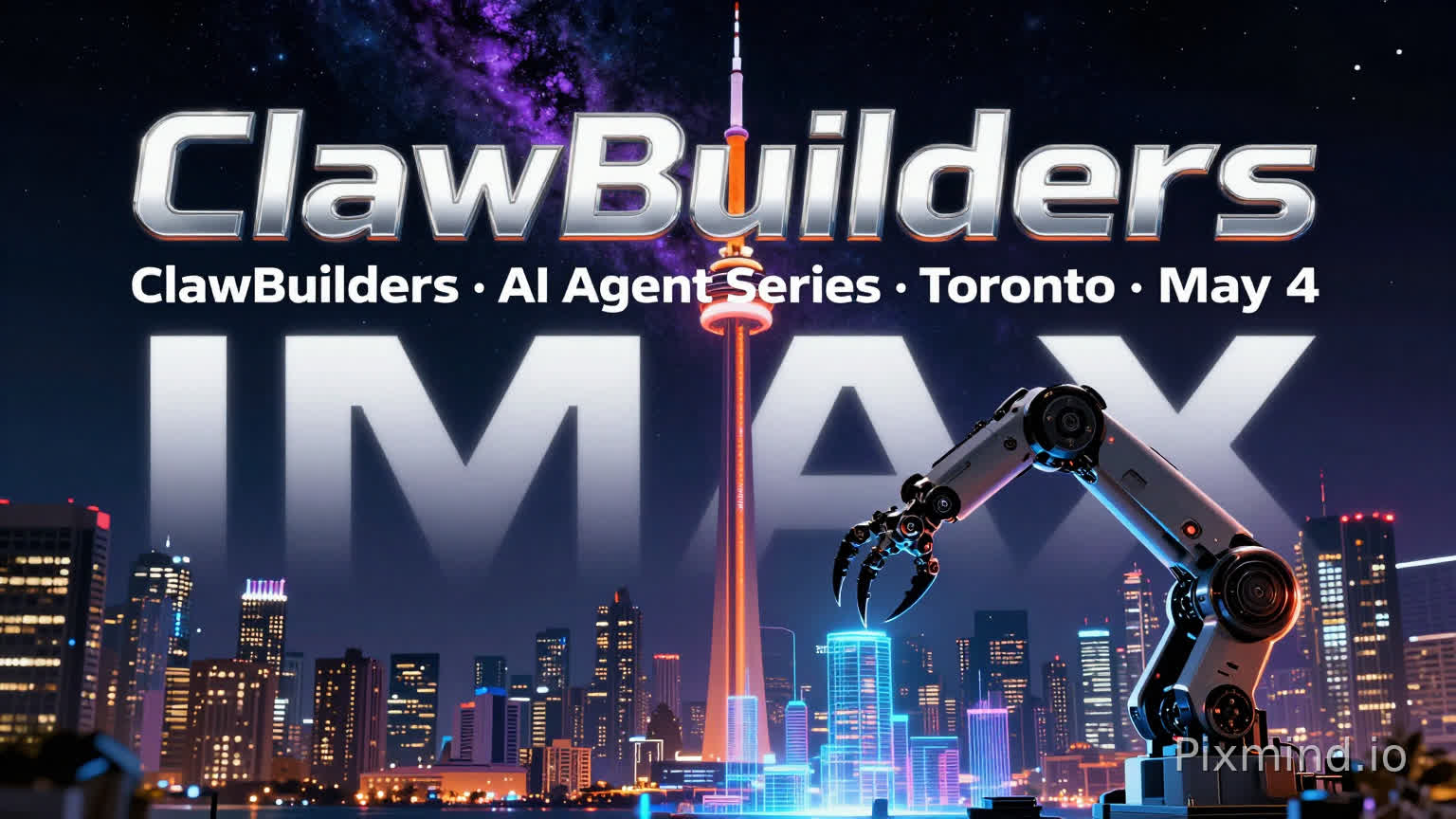 Generate a hyper-realistic, cinematic sci-fi event poster for 'ClawBuilders Toronto'. The background should be a futuristic, cyberpunk version of the Toronto skyline at night, with a glowing neon-orange CN Tower prominently featured under a dark void of space with a swirling purple nebula. In the foreground, include a sleek, high-tech robot 'claw' arm building a holographic city. Typography should be bold, metallic, and say 'ClawBuilders · AI Agent Series · Toronto · May 4'. IMAX widescreen format, 8k resolution, volumetric lighting.