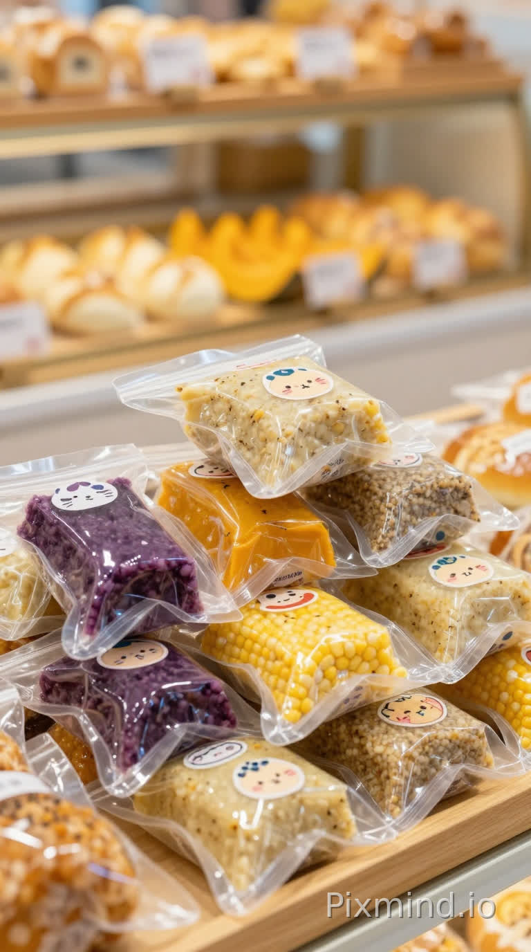 小红书爆款美食摄影,面包店柜台堆叠的真空包装彩色杂粮蒸糕,四种天然果蔬口味(紫薯/南瓜/玉米/原味),透明包装袋配可爱卡通贴纸,暖调自然光,干净明亮的画面,背景虚化的面包货架,ins风构图,色彩鲜艳有食欲,高清无噪点,治愈系烘焙场景,浅景深特写,8K超写实画质