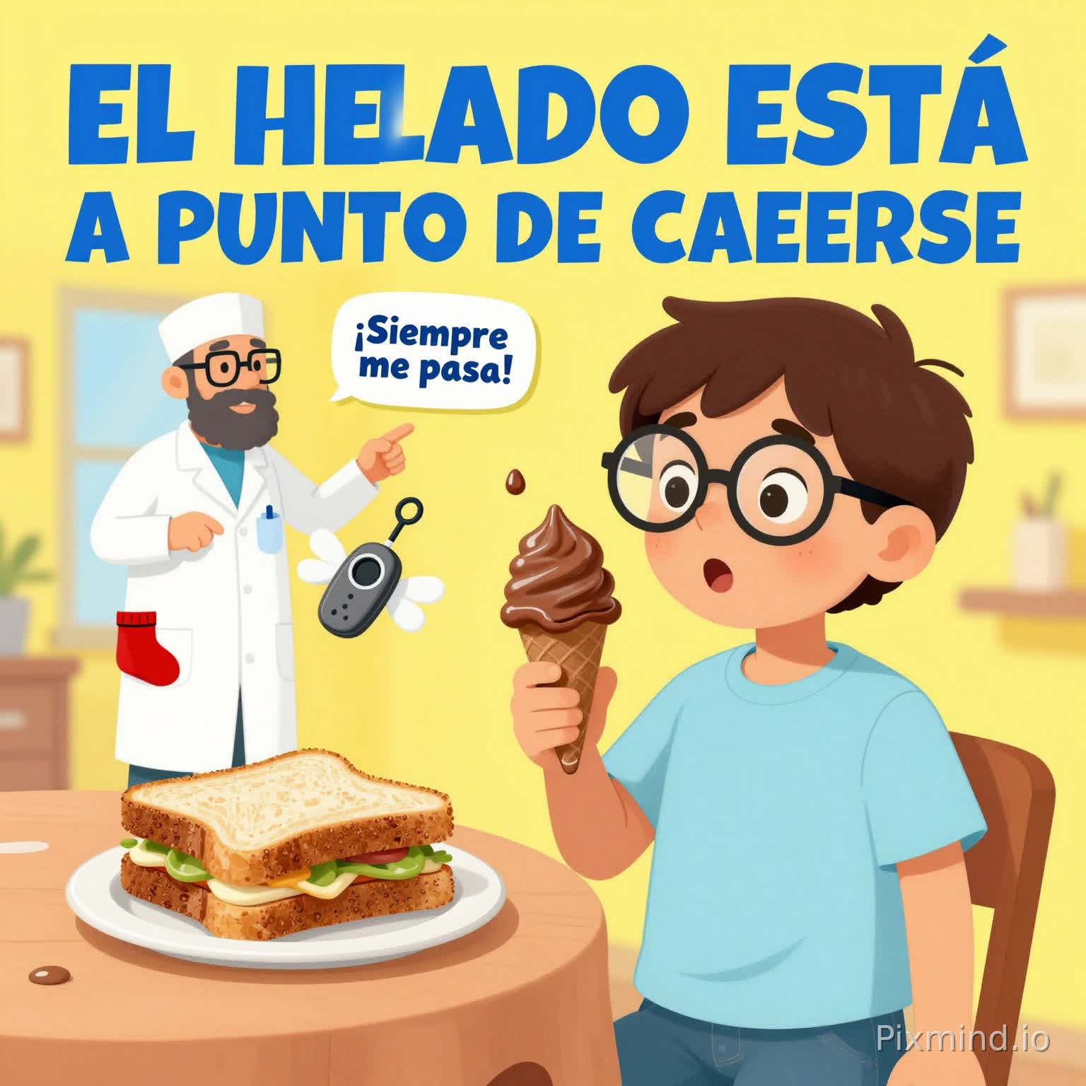 Descripción del dibujo de portada
Un niño de unos 8 años con gafas y pecas, helado de chocolate en la mano derecha. En la viñeta principal, EL HELADO ESTÁ A PUNTO DE CAERSE. El niño tiene los ojos enormes y la boca en forma de "O". Ya se ve una gotita cayendo.
En el fondo (desenfocado):
Sándwich volcado sobre una mesa
Un calcetín rojo escapándose por una ventana
Control remoto volador con pilas aladas
Arriba a la izquierda: Un científico loco (Murphy) con bigote y bata blanca, señalando al niño con una sonrisa pícara. Lleva un letrero: "¡Siempre me pasa!"
Colores dominantes: Amarillo brillante (fondo), azul eléctrico (texto principal), rojo y naranja (elementos) .