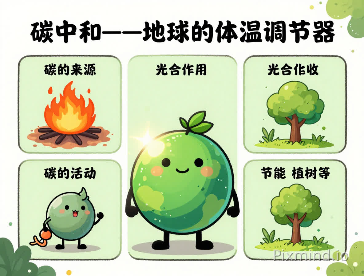 主题为“碳中和——地球的体温调节器”的微漫画
2. 必须包含以下元素:碳的来源(化石燃料燃烧、呼吸等)、碳的吸收(光合作用等)、人类活动的影响、实现碳中和的途径(节能、植树等)。
3. 鼓励夸张、拟人化的手法,让抽象的碳循环变得生动有趣,比例为4:3,光效为自然光。