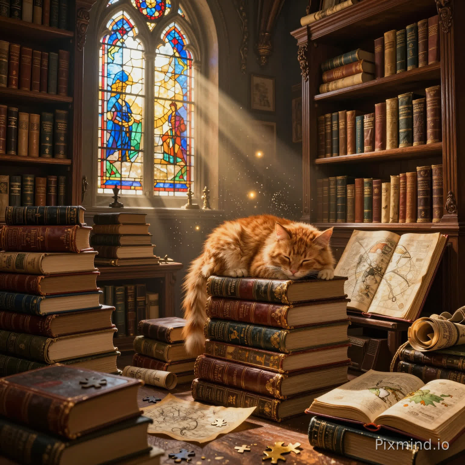 Jigsaw puzzle art style, a highly detailed illustration of a secret magical antiquarian bookstore. Warm sunbeams filtering through intricate colorful stained glass windows, illuminating massive piles of vintage leather-bound books, ancient maps, and scrolls on towering carved wooden shelves. A fluffy ginger cat is sleeping peacefully on a stack of oversized books. Floating glowing dust motes in the air, magical and cozy atmosphere, warm golden and amber lighting. Rich textures, maximalist details, masterpiece, 8k resolution, perfect for a jigsaw puzzle.