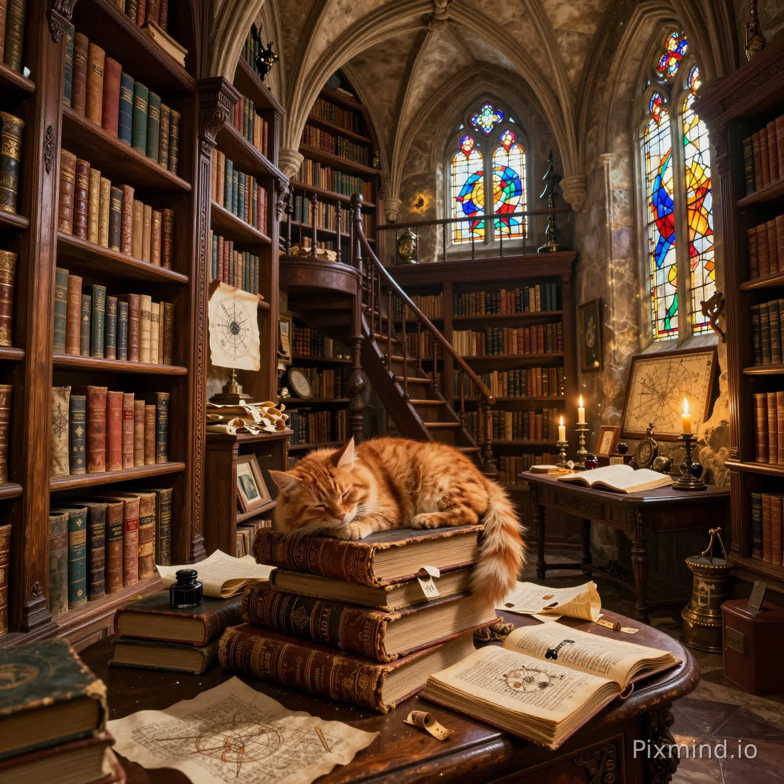 A highly detailed fantasy illustration of a secret magical antiquarian bookstore hidden in an old European alley, featuring towering carved wooden bookshelves filled with vintage leather-bound books, ancient scrolls, celestial charts, and mysterious artifacts. A fluffy ginger cat sleeps peacefully on a stack of oversized worn books, surrounded by scattered parchment and antique bookmarks. The interior has high vaulted ceilings, spiral staircases, wooden ladders, and a vintage reading desk with candles, ink bottles, and open manuscripts, while intricate stained glass windows cast colorful light across the space. Warm golden sunlight and amber tones blend with soft glowing magical particles, creating a cozy yet mystical atmosphere. Rich textures include engraved wood, embossed book covers, aged paper, and fine material details, with a wide-angle layered composition (foreground, midground, background) ensuring strong depth and clear visual separation. Maximalist, ultra-detailed, sharp focus, high contrast, vibrant jewel-tone accents, 8k resolution, masterpiece, perfect for a jigsaw puzzle.