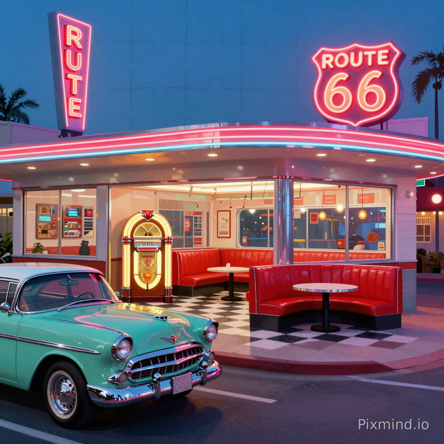 A highly detailed jigsaw puzzle-style illustration of a classic 1950s American Route 66 retro diner at twilight, rendered in a nostalgic Americana pop art style, featuring a dynamic composition that showcases both the glowing neon exterior and the cozy interior. Bright neon signs illuminate the evening sky, casting vibrant reflections on chrome surfaces and large glass windows. Inside, black-and-white checkered floors, bright red leather booths, and a vintage glowing jukebox create a warm, lively atmosphere, while outside a mint-green 1950s Chevrolet classic car is parked by the window. The scene blends cool twilight tones with bold neon colors, with crisp outlines and rich textures throughout. A wide-angle layered composition (foreground car and street, midground diner interior, background neon signage and sky) ensures strong depth and clear visual separation. Ultra-detailed, high contrast, vibrant vivid colors, sharp focus, 8k resolution, masterpiece, perfect for a jigsaw puzzle.