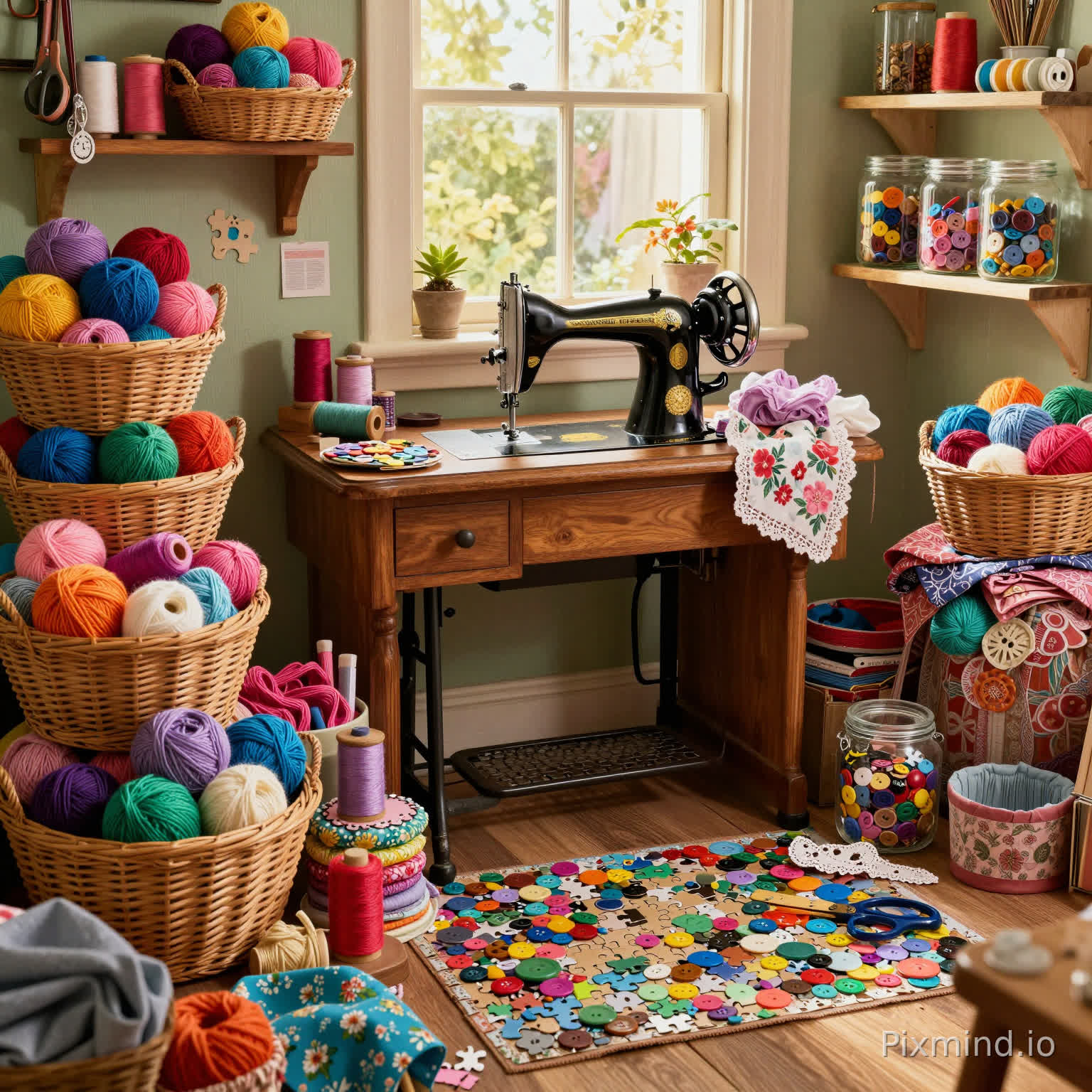 A highly detailed jigsaw puzzle-style illustration of a cozy, cluttered Grandma’s sewing room, featuring an antique black and gold Singer sewing machine placed on a sturdy wooden desk, surrounded by an abundance of sewing materials. The room is filled edge-to-edge with woven baskets of vibrant yarn balls, wooden spools of bright thread, clear glass jars packed with colorful buttons, scattered floral fabrics, scissors, measuring tools, and delicate lace trims. Warm sunlight streams through a nearby window, casting soft golden light across the space and enhancing a nostalgic, heartwarming atmosphere. Rich textures in wood, fabric, glass, and metal are emphasized, with a wide-angle layered composition (foreground tools and fabrics, midground sewing machine and desk, background shelves and window) ensuring strong depth and clear visual separation. Maximalist, ultra-detailed, sharp focus, high contrast, vibrant colors, 8k resolution, masterpiece, perfect for a jigsaw puzzle.