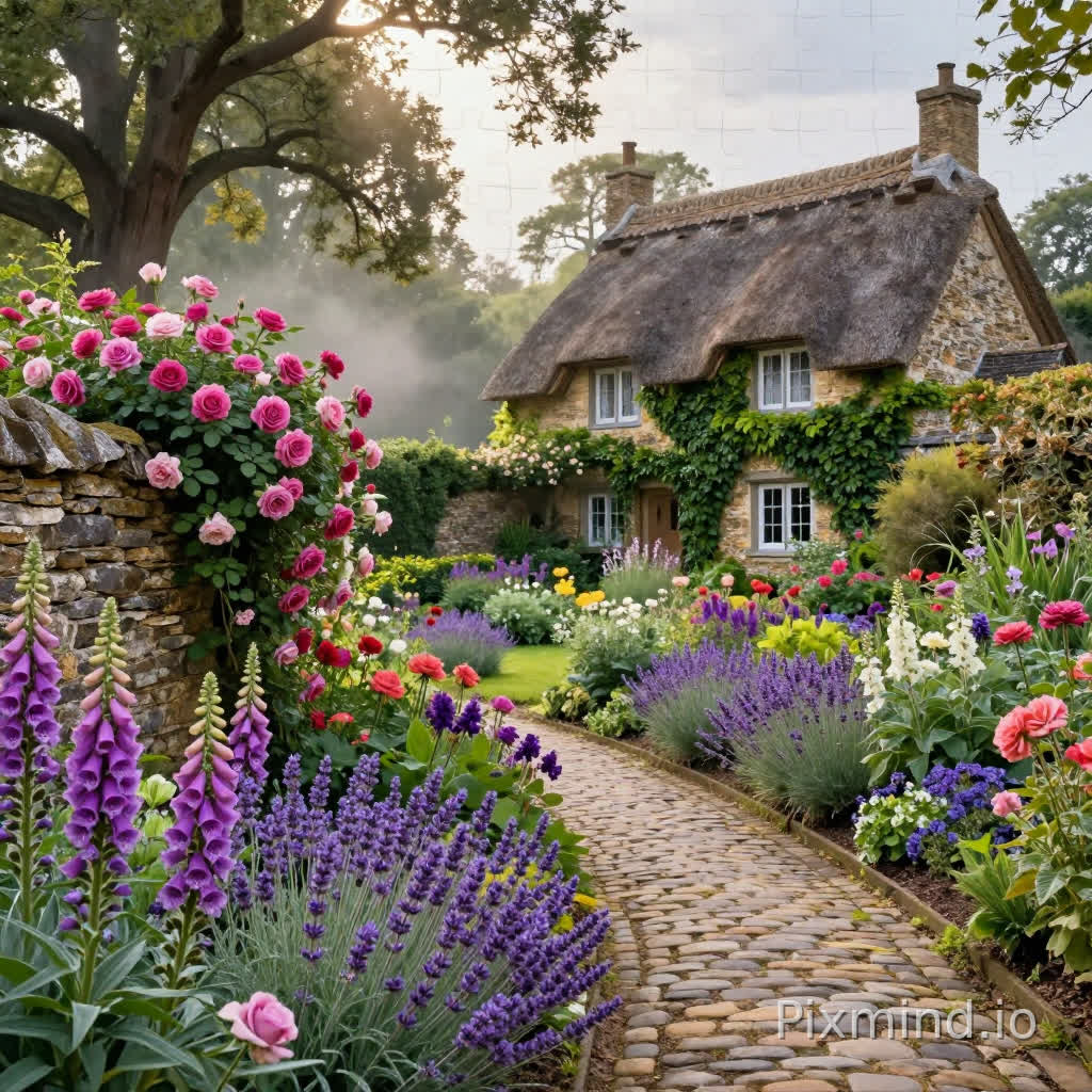 A highly detailed jigsaw puzzle-style illustration of a lush, quintessential English cottage garden in full bloom, featuring vibrant clusters of foxgloves, climbing roses cascading over a rustic stone wall, and fragrant lavender lining a winding cobblestone path. A charming thatched-roof cottage sits in the background with ivy-covered windows and weathered stone walls, nestled among ancient oak trees. Soft morning mist drifts through the garden while dappled sunlight filters through the leaves, creating a warm, romantic glow. Rich floral textures and natural details are emphasized, with a wide-angle layered composition (foreground flowers and path, midground garden walls and plants, background cottage and trees) ensuring strong depth and clear visual separation. Cinematic lighting, ultra-detailed, high contrast, vibrant natural colors, sharp focus, 8k resolution, masterpiece, perfect for a jigsaw puzzle.