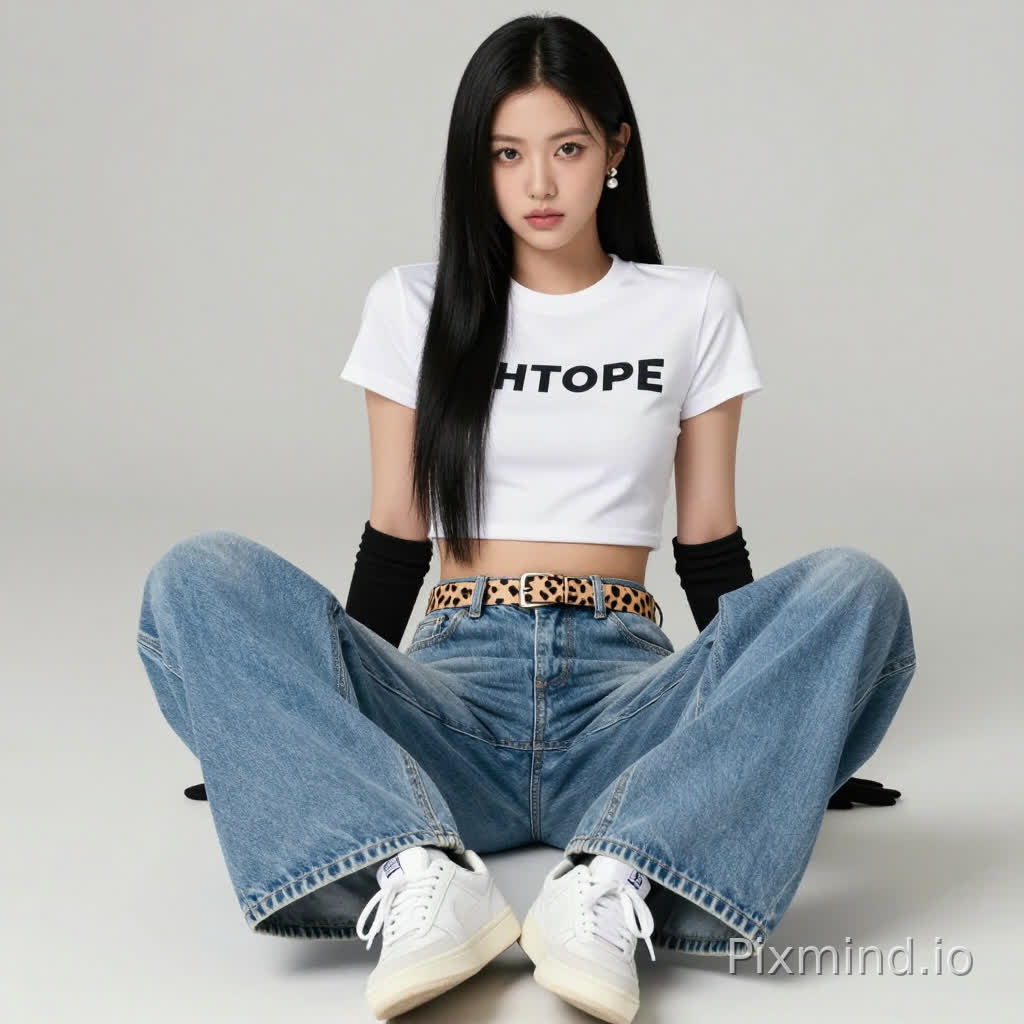 ai kpop girl with long black straight hair pearl earrings and a cropped short sleeve streetwear shirt shirt and baggy light blue jeans overlapping the white sneakers with a cute cheetah print belt and black finger gloves