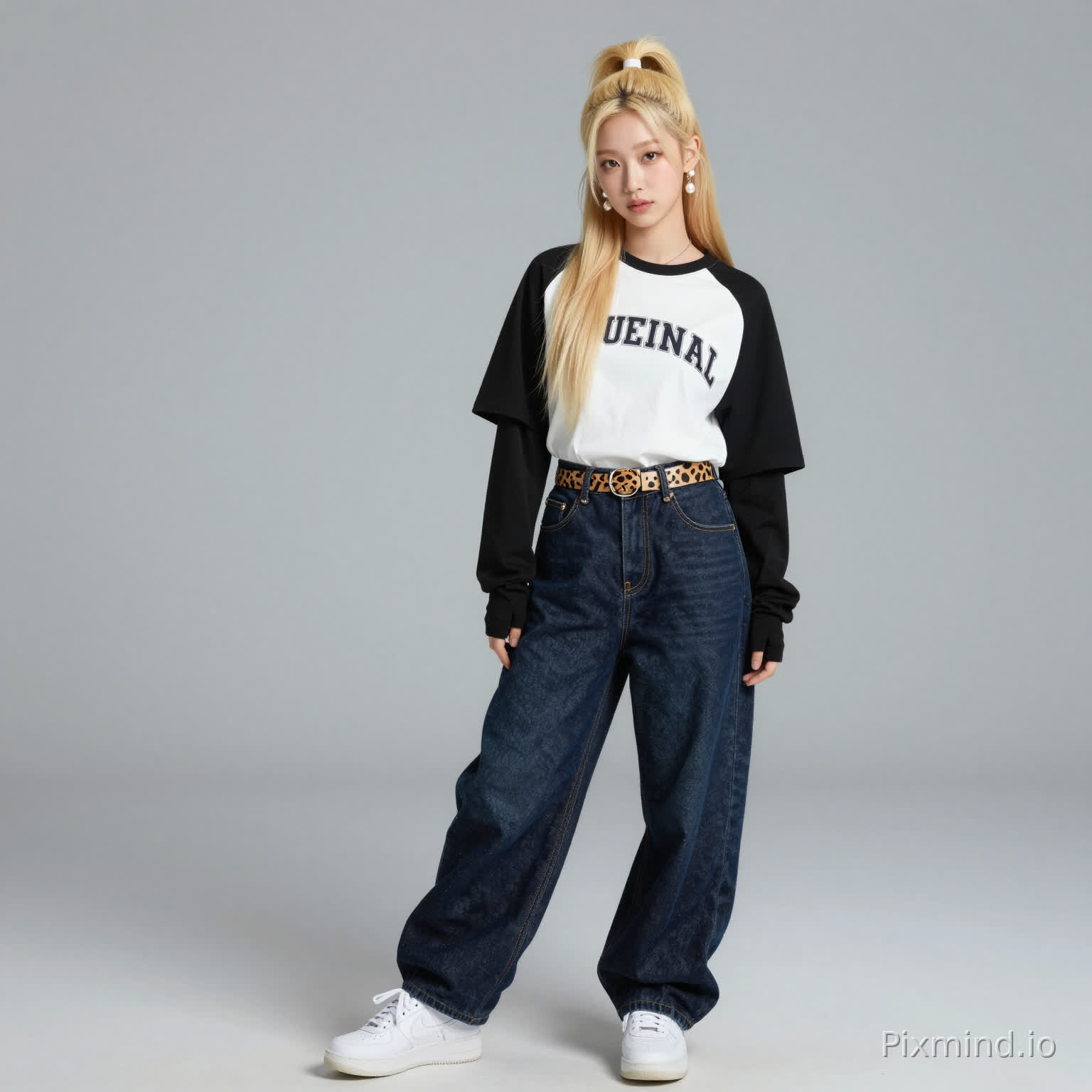 ai kpop girl with long blonde straight hair in a ponytail pearl earrings and a long short sleeve streetwear shirt and baggy dark blue jeans overlapping the white sneakers with a cute cheetah print belt and black finger gloves