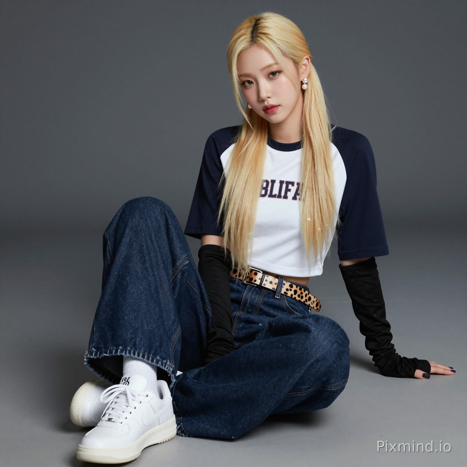 ai kpop girl with long blonde straight hair in a ponytail pearl earrings and a long short sleeve streetwear shirt and baggy dark blue jeans overlapping the white sneakers with a cute cheetah print belt and black finger gloves sitting