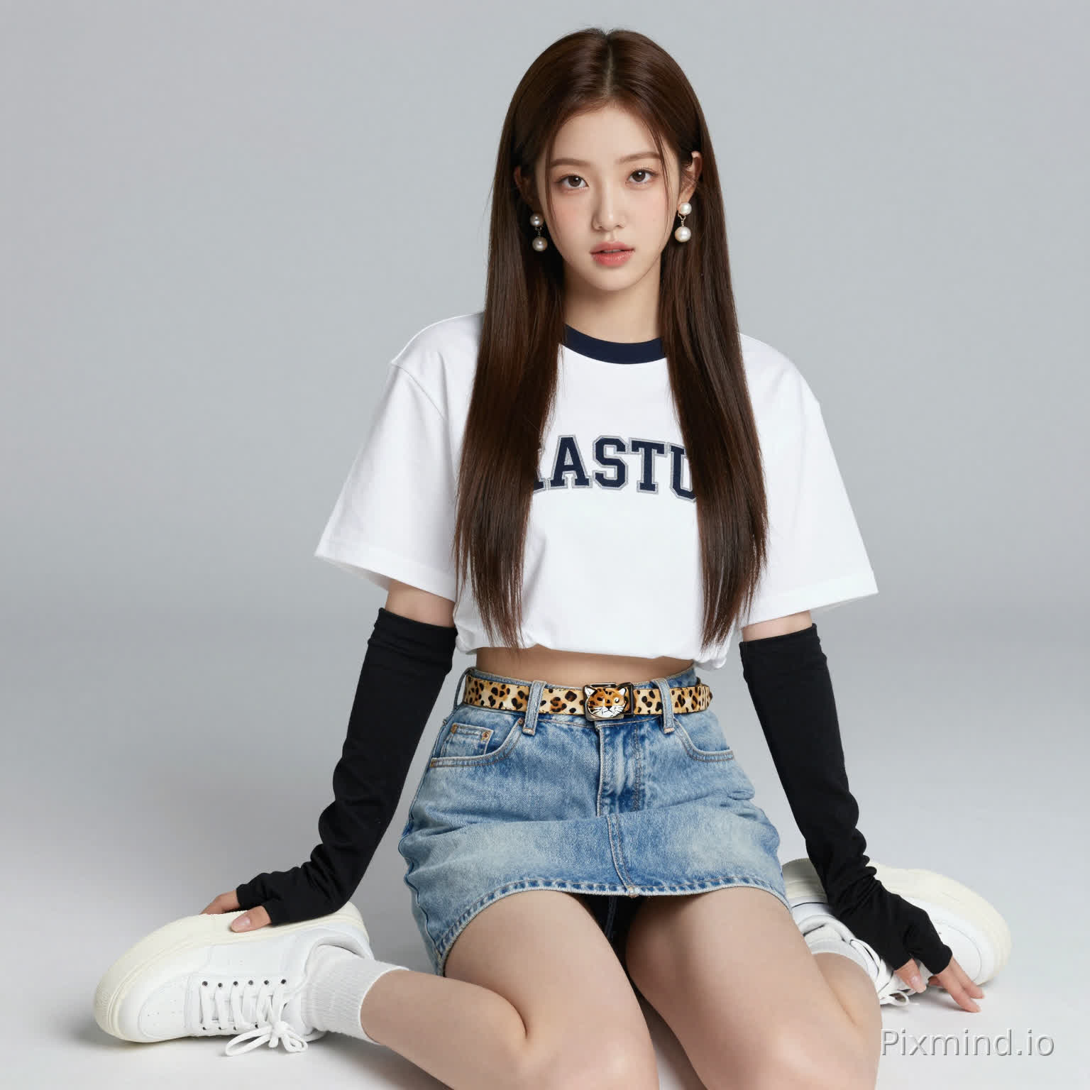 ai kpop girl with long brown straight hair pearl earrings and a cropped short sleeve streetwear shirt shirt and denim light blue skirt and white sneakers with a cute cheetah print belt and black finger gloves sitting
