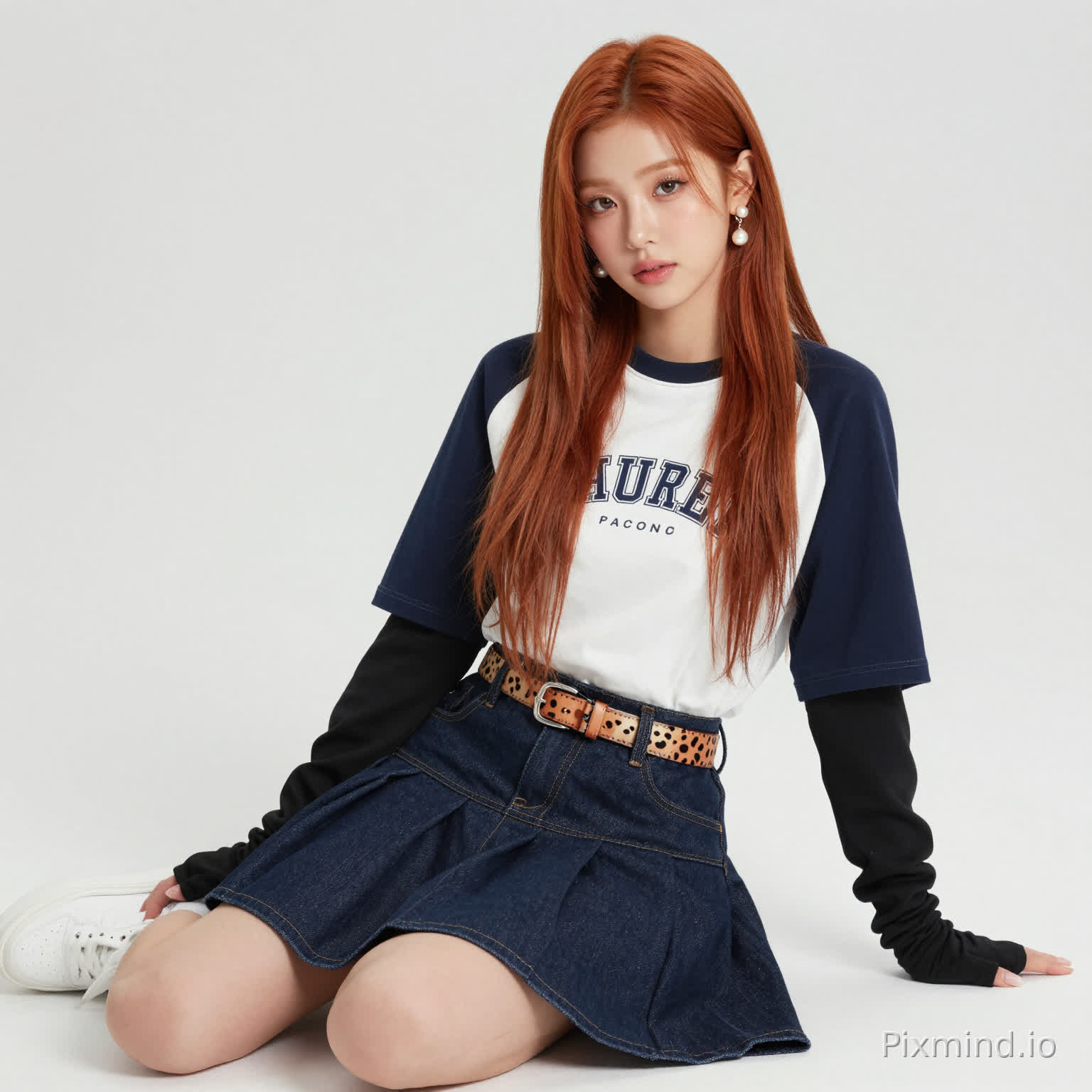 ai kpop girl with long ginger straight hair pearl earrings and a long short sleeve streetwear shirt and denim dark blue skirt overlapping the white sneakers with a cute cheetah print belt and black finger gloves sitting