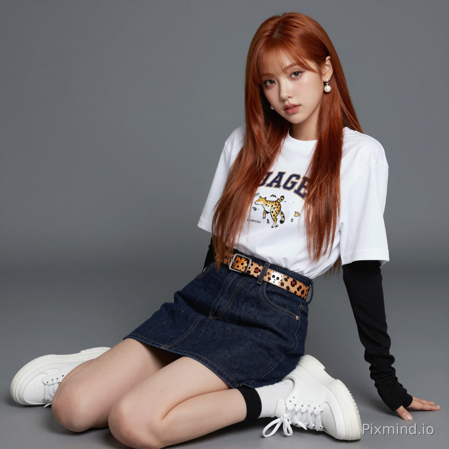 ai kpop girl with long ginger straight hair pearl earrings and a long short sleeve streetwear shirt and denim dark blue skirt overlapping the white sneakers with a cute cheetah print belt and black finger gloves sitting