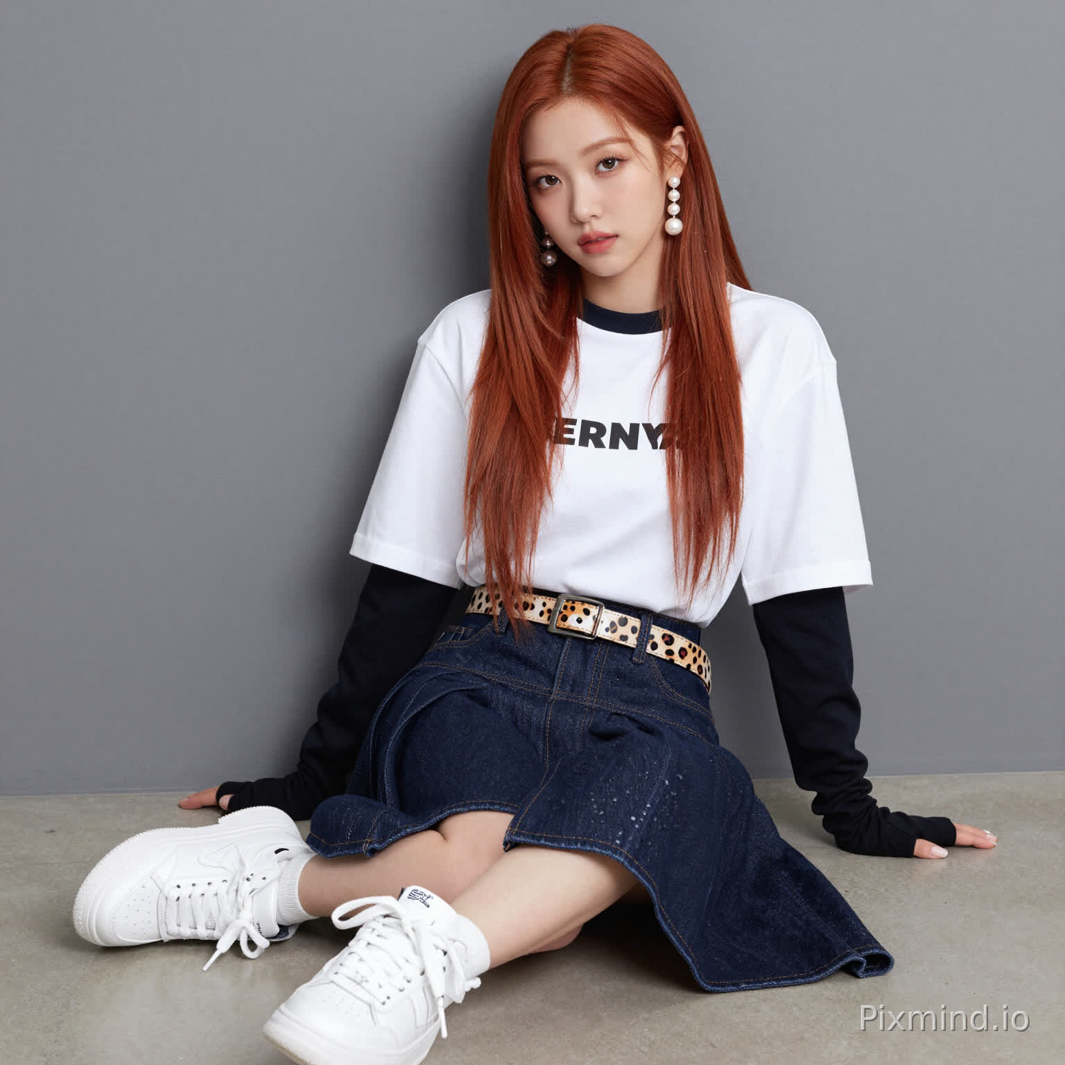 ai kpop girl with long ginger straight hair pearl earrings and a long short sleeve streetwear shirt and denim dark blue skirt overlapping the white sneakers with a cute cheetah print belt and black finger gloves sitting