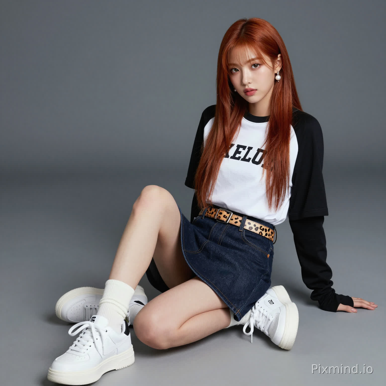 ai kpop girl with long ginger straight hair pearl earrings and a long short sleeve streetwear shirt and a small denim dark blue skirt overlapping the white sneakers with a cute cheetah print belt and black finger gloves sitting