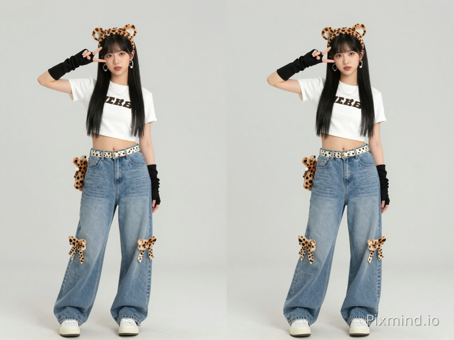 ai kpop girl with long black straight hair pearl earrings and a cropped short sleeve streetwear shirt shirt and baggy light blue jeans overlapping the white sneakers with a cute cheetah print belt and cute cheetah print headband and black finger gloves with with cute bows on the light blue jeans doing the same pose