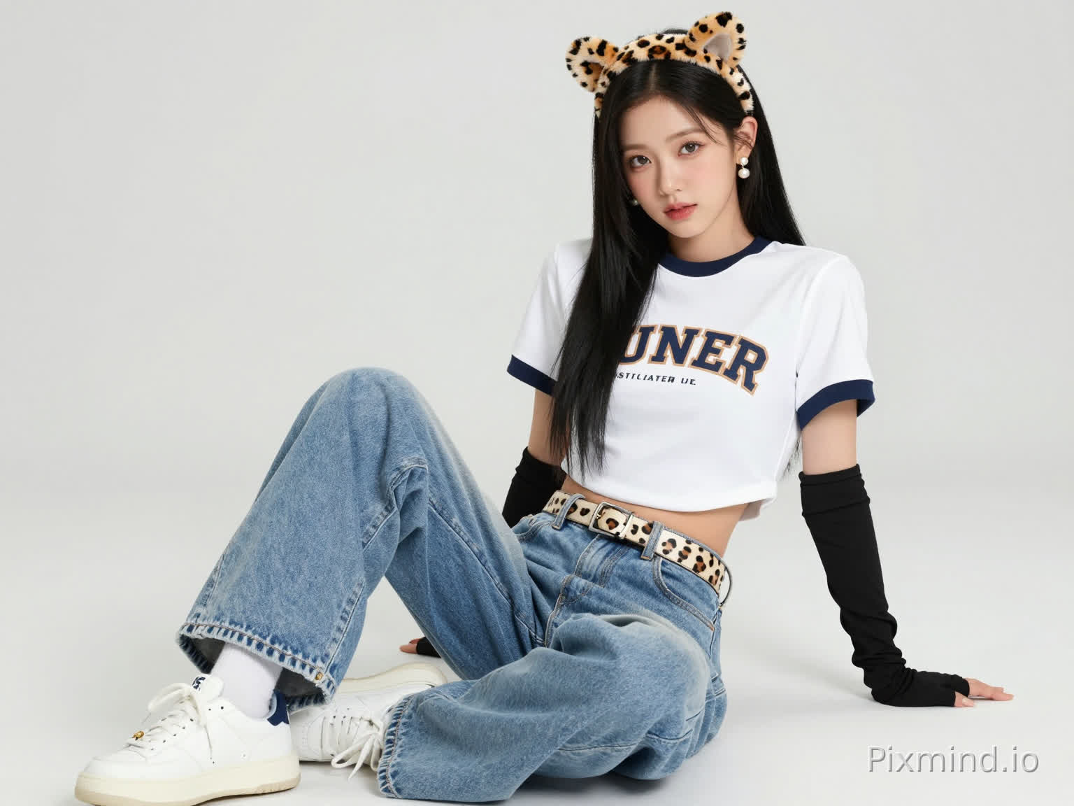 ai kpop girl with long black straight hair pearl earrings and a cropped short sleeve streetwear shirt shirt and baggy light blue jeans overlapping the white sneakers with a cute cheetah print belt and cute cheetah print headband and black finger gloves