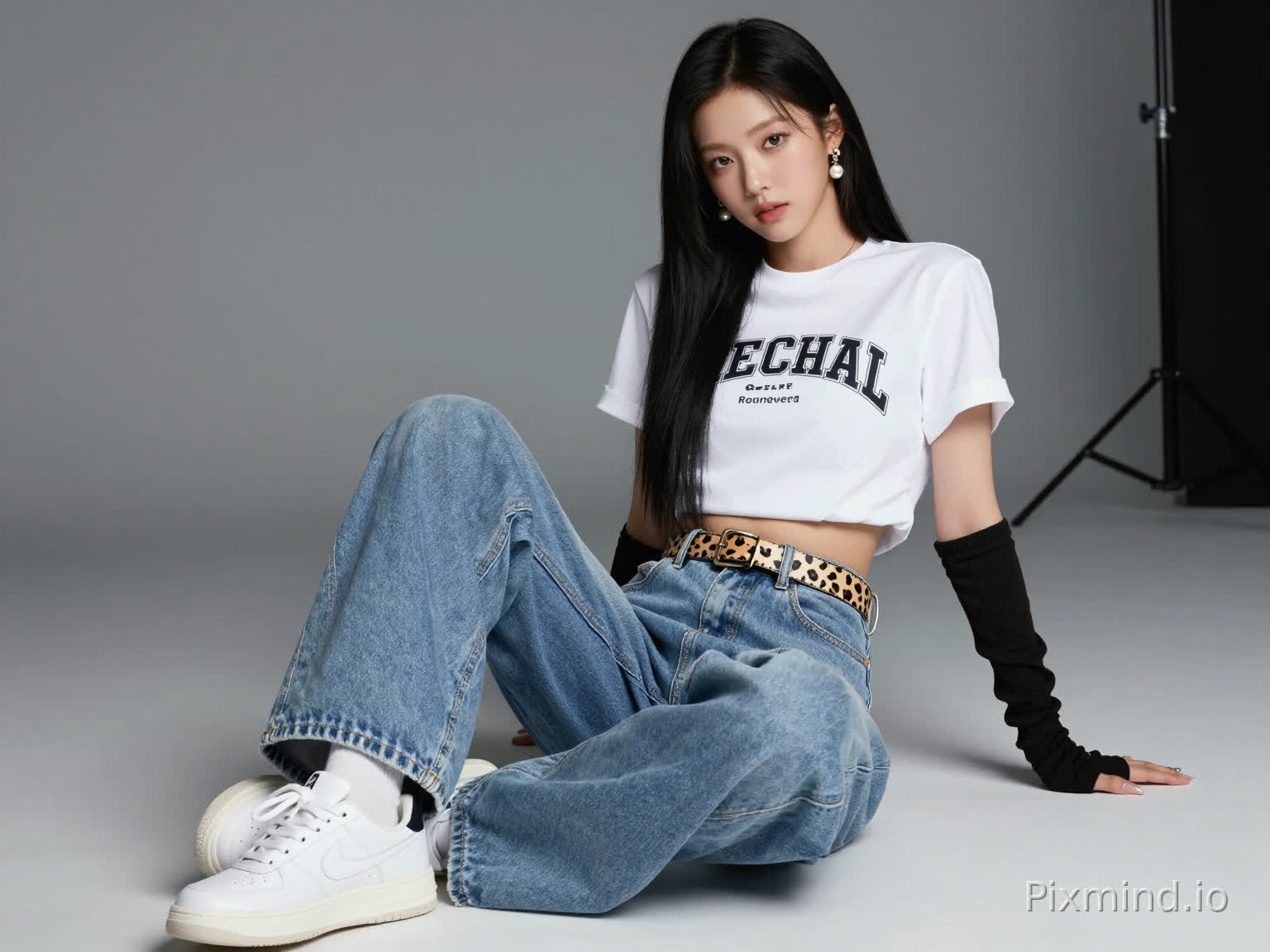 ai kpop girl with long black straight hair pearl earrings and a cropped short sleeve streetwear shirt shirt and baggy light blue jeans overlapping the white sneakers with a cute cheetah print belt and black finger gloves