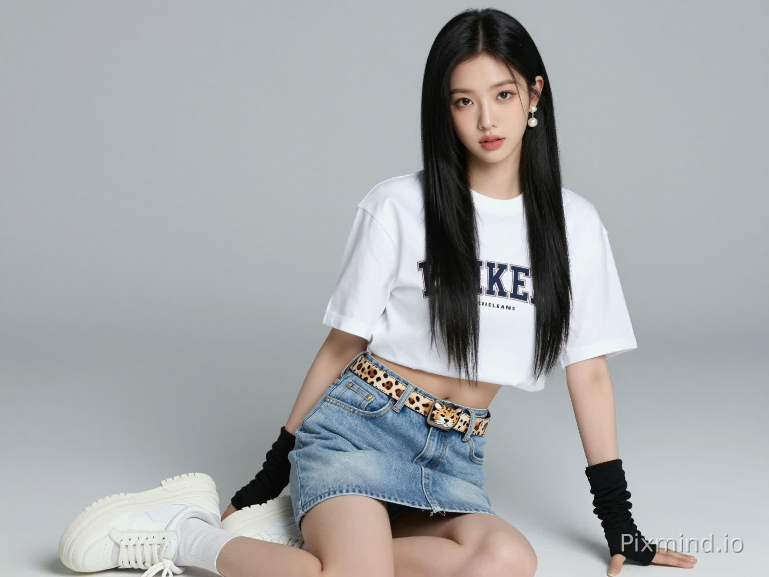 ai kpop girl with long black straight hair pearl earrings and a cropped short sleeve streetwear shirt shirt and denim light blue skirt and white sneakers with a cute cheetah print belt and black finger gloves