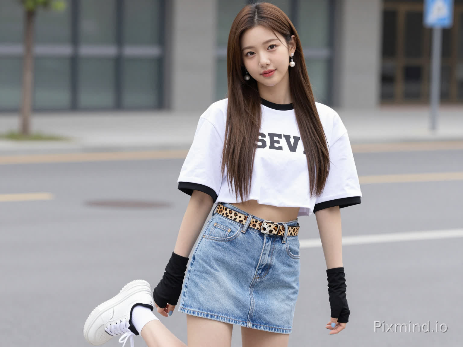 ai kpop girl with long brown straight hair pearl earrings and a cropped short sleeve streetwear shirt shirt and denim light blue skirt and white sneakers with a cute cheetah print belt and black finger gloves