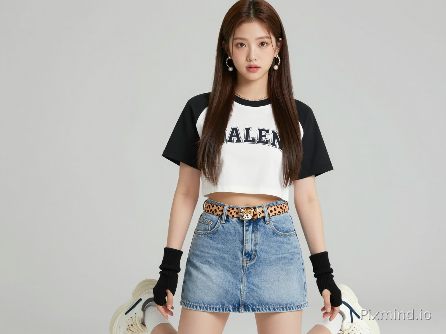ai kpop girl with long brown straight hair pearl earrings and a cropped short sleeve streetwear shirt shirt and denim light blue skirt and white sneakers with a cute cheetah print belt and black finger gloves