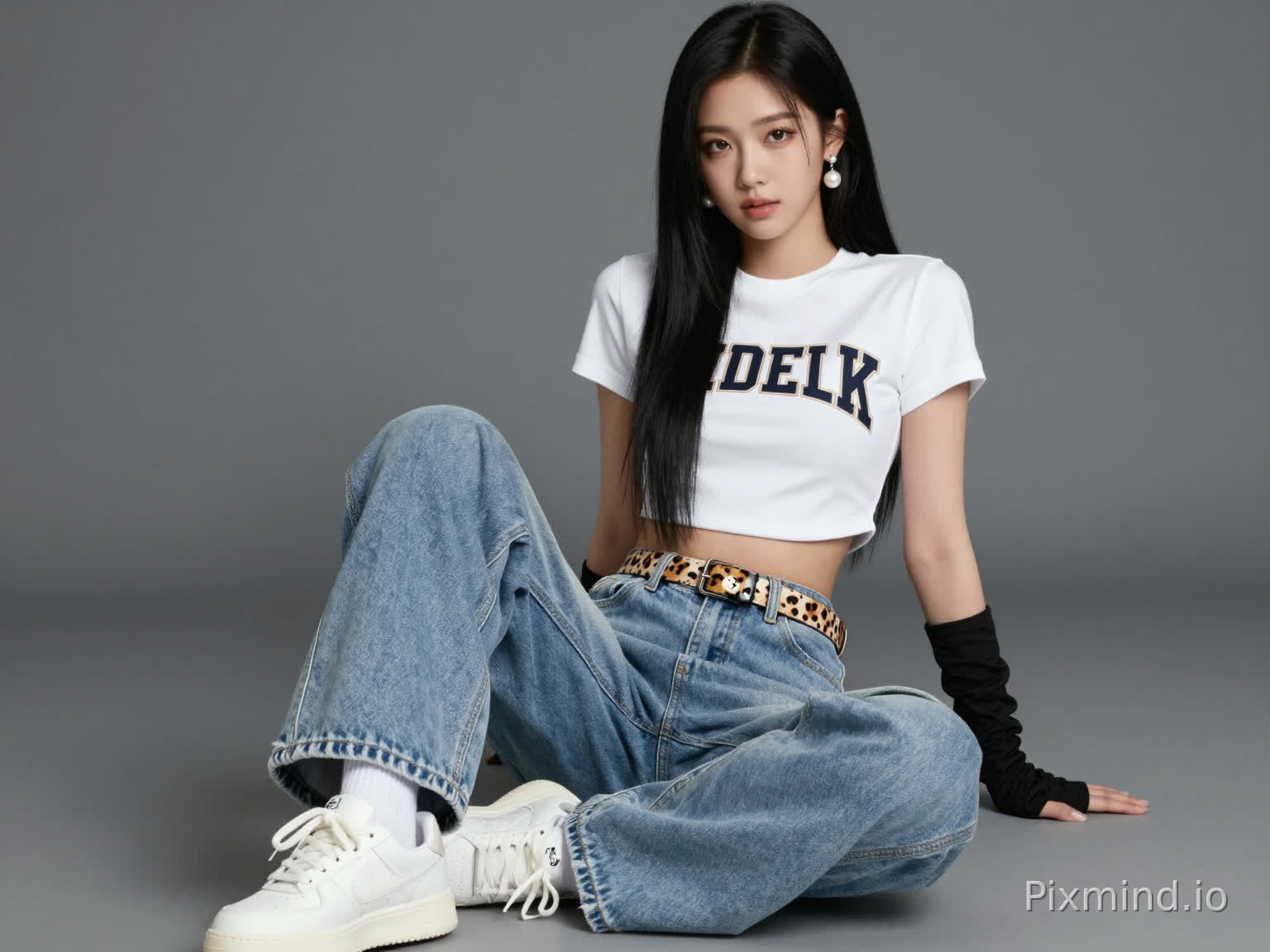 ai kpop girl with long black straight hair pearl earrings and a cropped short sleeve streetwear shirt shirt and baggy light blue jeans overlapping the white sneakers with a cute cheetah print belt and black finger gloves