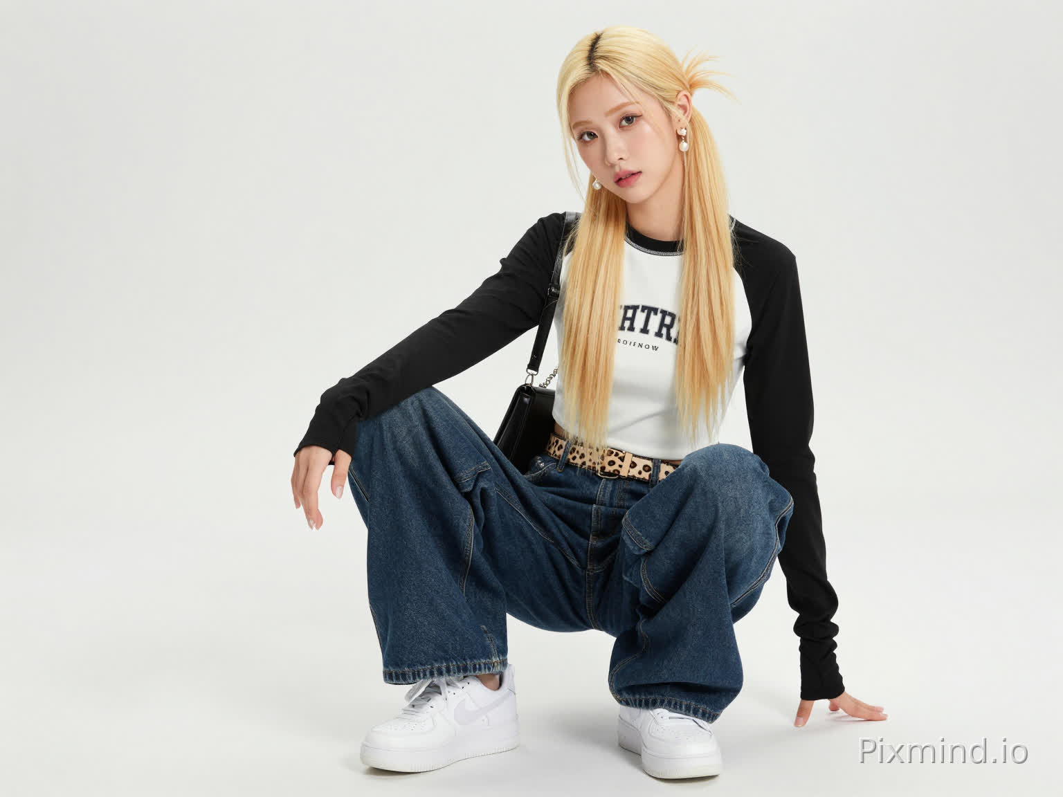 ai kpop girl with long blonde straight hair in a ponytail pearl earrings and a long short sleeve streetwear shirt and baggy dark blue jeans overlapping the white sneakers with a cute cheetah print belt and black finger gloves
