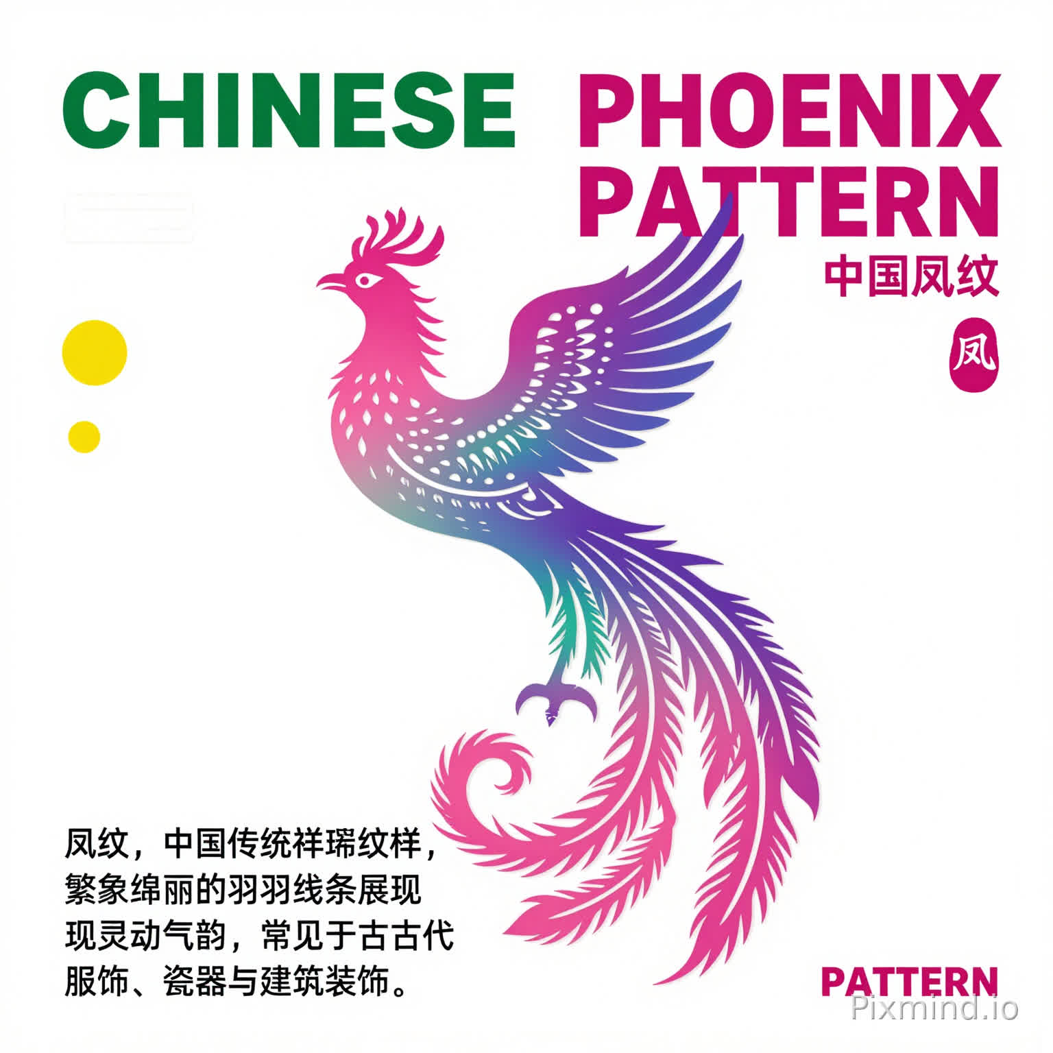 A modern Chinese-style poster, minimalist white background, clean texture.
Center: A colorful phoenix pattern (Chinese phoenix motif) in gradient pink, purple, blue and green, in a flowing, traditional paper-cut style, intricate feather details, elegant posture.
Text layout:
1. Top left: "CHINESE" in large bold dark green font.
2. Top right: "PHOENIX PATTERN" in large bold magenta font, with smaller Chinese characters "中国凤纹" below it.
3. Bottom left: Clear black Chinese introduction text: "凤纹,中国传统祥瑞纹样,象征高贵、吉祥与太平。繁复绚丽的羽羽线条展现灵动气韵,常见于古代服饰、瓷器与建筑装饰。"
4. Bottom right: Small magenta "PATTERN" text.
5. Decorative elements: A small magenta seal icon with the Chinese character "凤" on the right side, 2 small yellow circle dots on the left, small faint decorative text at the top corners.
Style: Clean, graphic design, high resolution, sharp text, clear details, no messy elements.